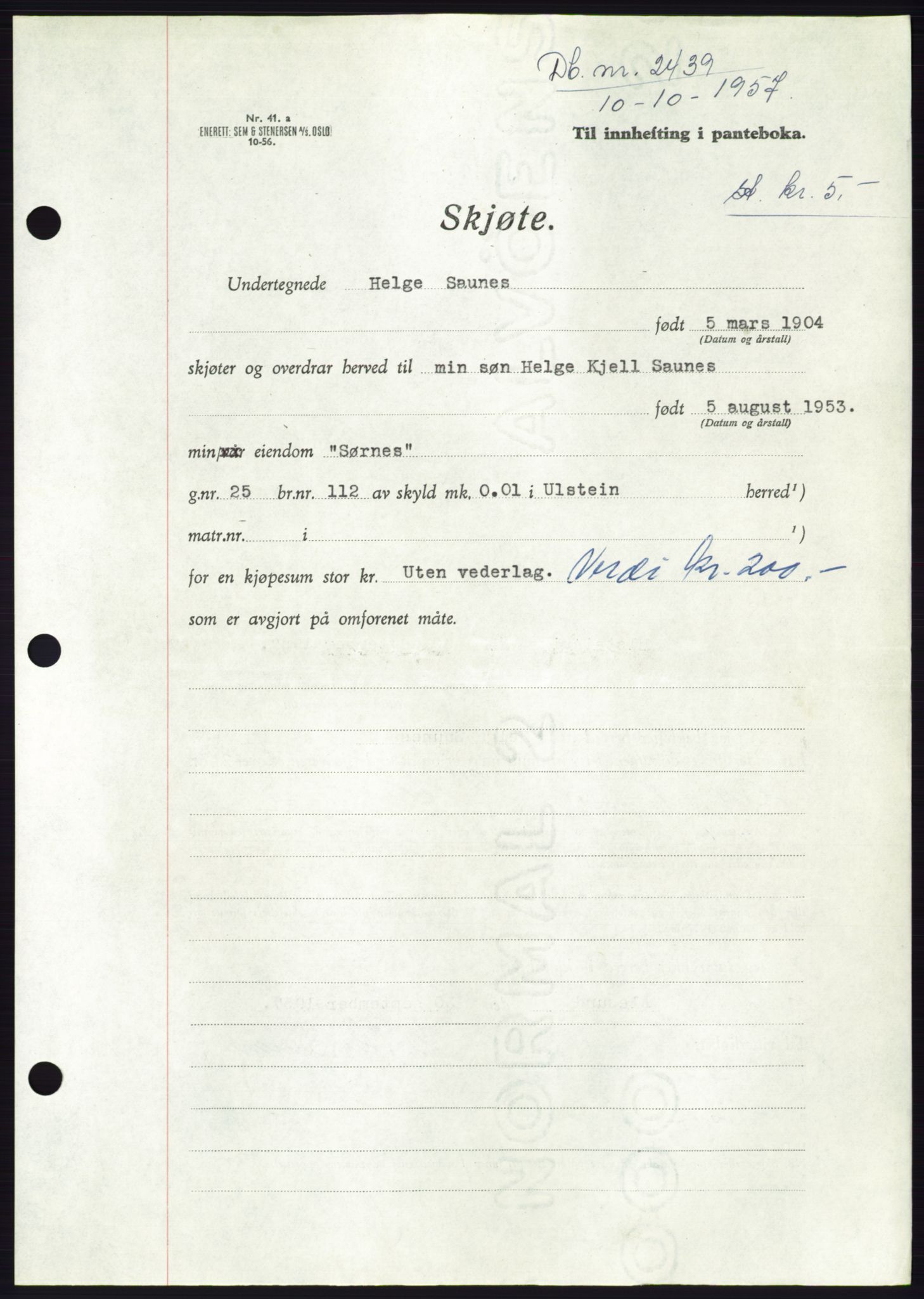 Søre Sunnmøre sorenskriveri, SAT/A-4122/1/2/2C/L0107: Pantebok nr. 33A, 1957-1957, Dagboknr: 2439/1957