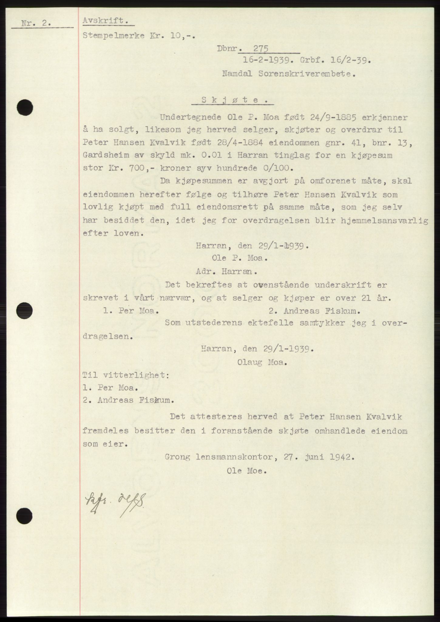 Namdal sorenskriveri, SAT/A-4133/1/2/2C: Pantebok nr. -, 1937-1939, Tingl.dato: 16.02.1939