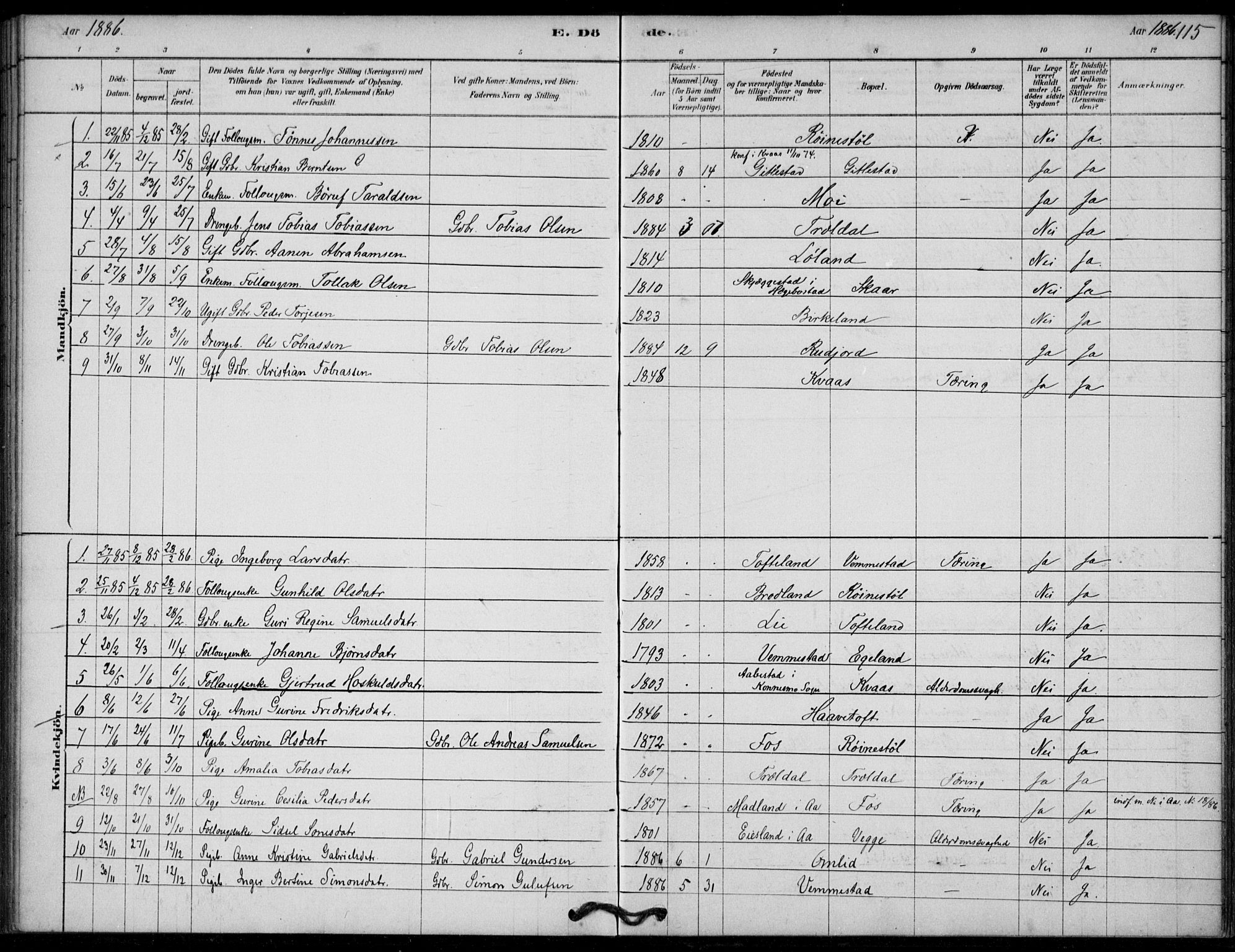 Lyngdal sokneprestkontor, AV/SAK-1111-0029/F/Fa/Fab/L0003: Ministerialbok nr. A 3, 1878-1903, s. 115