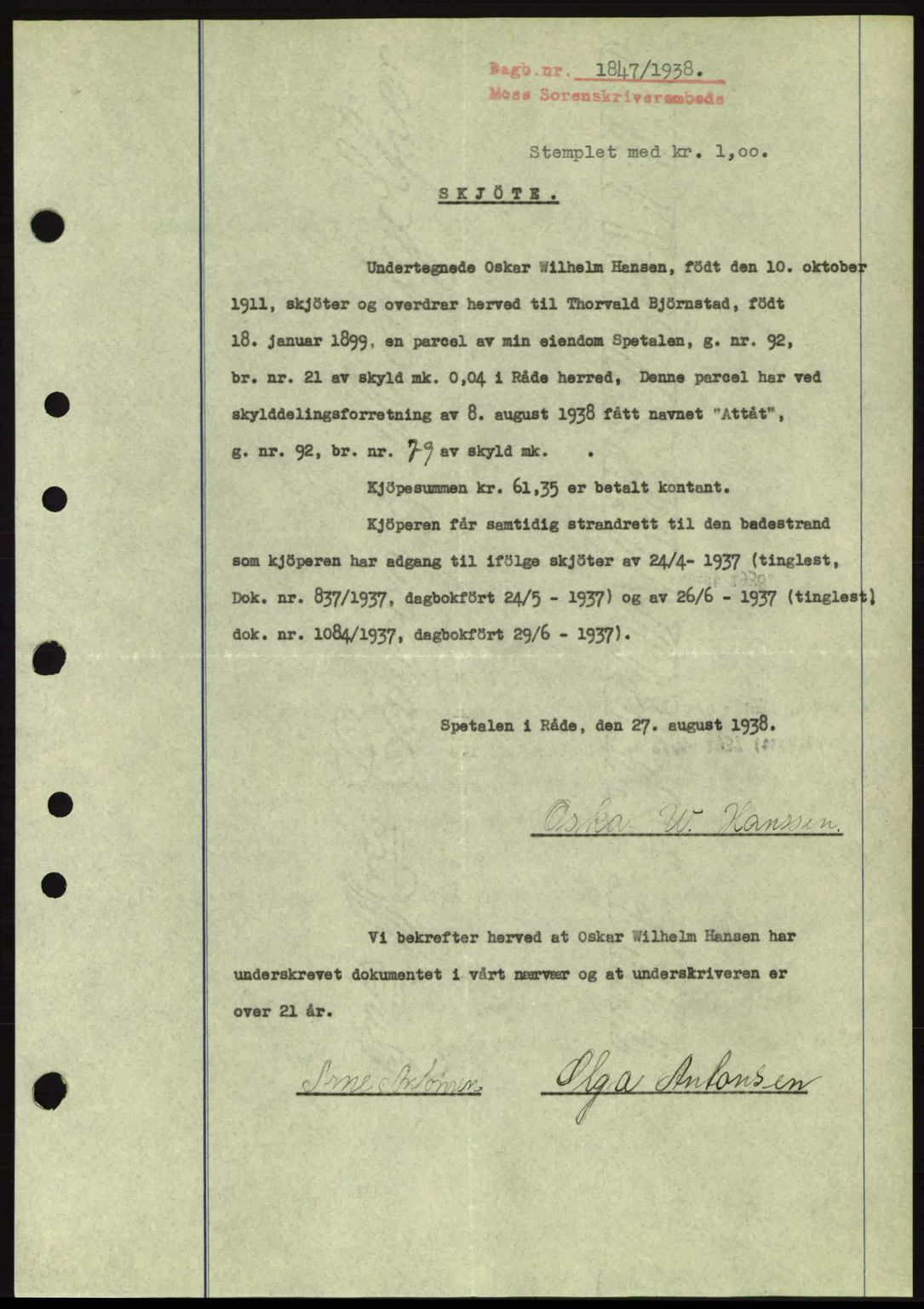 Moss sorenskriveri, SAO/A-10168: Pantebok nr. A4, 1938-1938, Dagboknr: 1847/1938