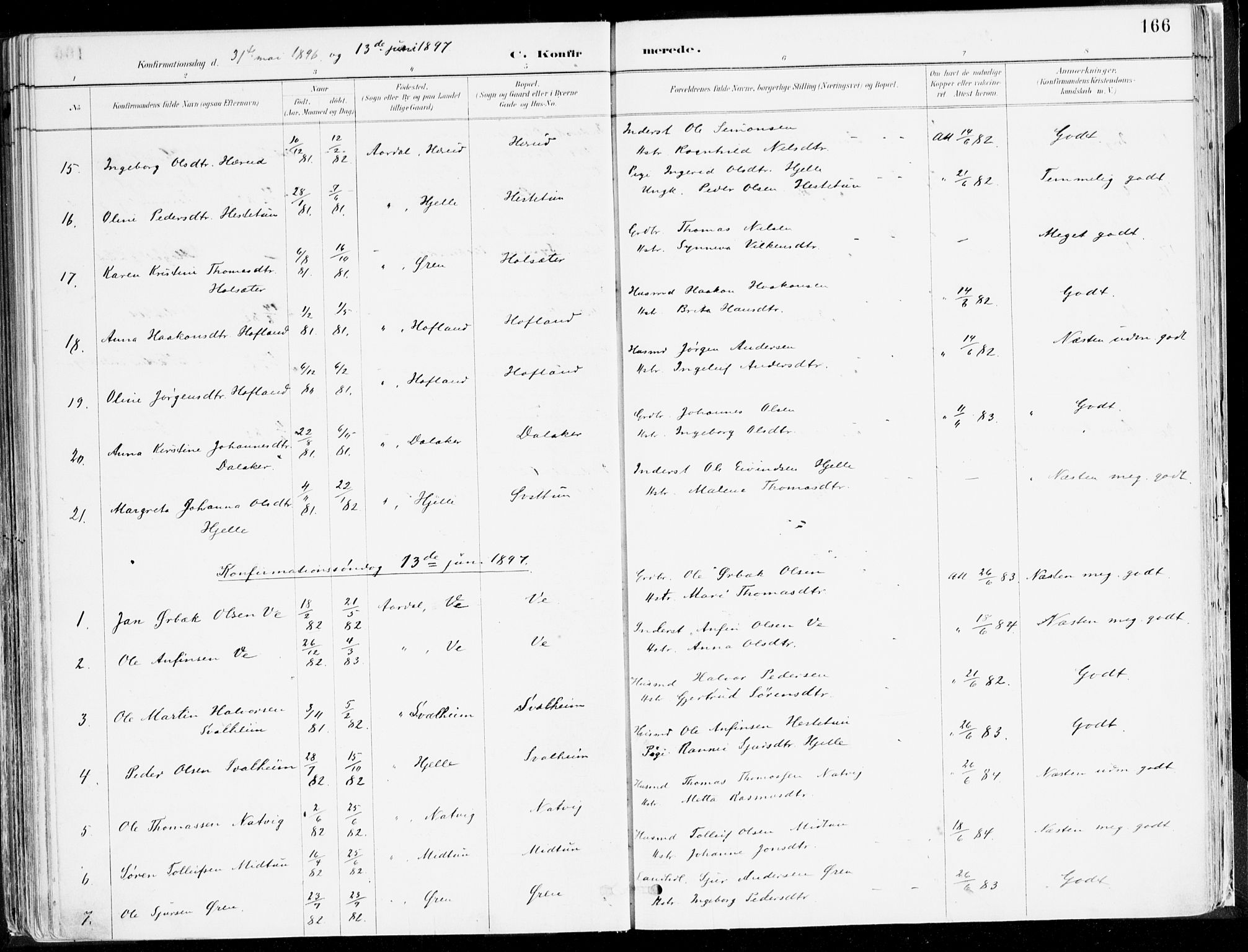 Årdal sokneprestembete, AV/SAB-A-81701: Ministerialbok nr. A 5, 1887-1917, s. 166