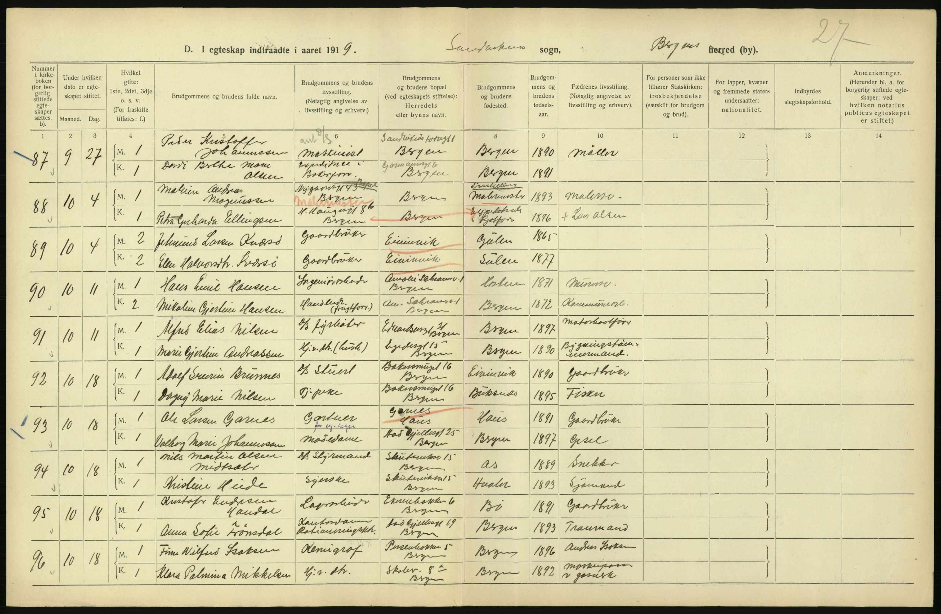 Statistisk sentralbyrå, Sosiodemografiske emner, Befolkning, AV/RA-S-2228/D/Df/Dfb/Dfbi/L0035: Bergen: Gifte, døde, dødfødte., 1919, s. 60