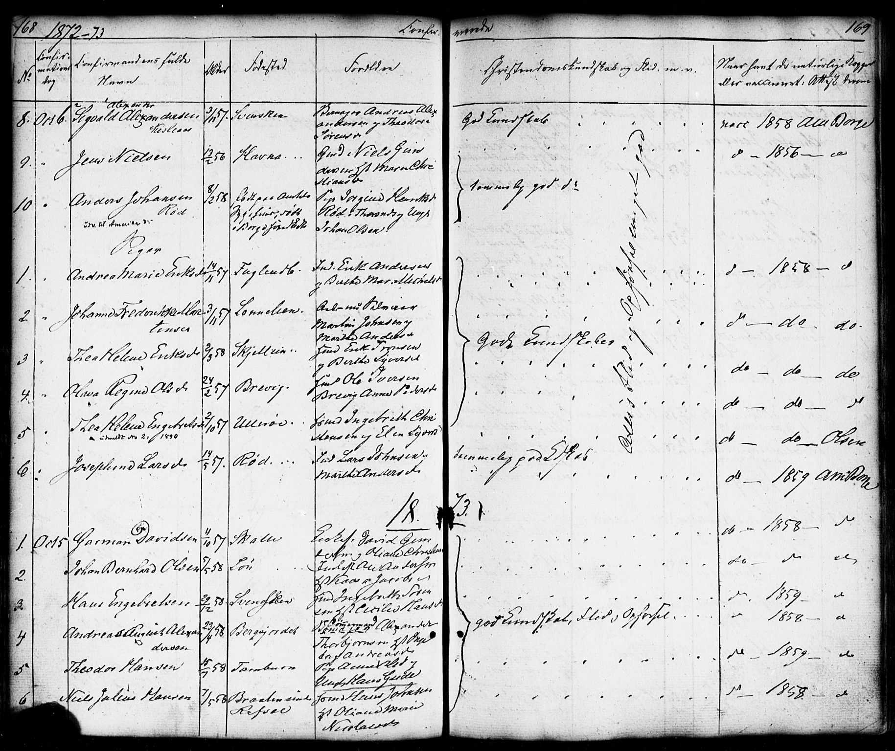 Borge prestekontor Kirkebøker, AV/SAO-A-10903/F/Fb/L0002: Ministerialbok nr. II 2, 1853-1877, s. 168-169