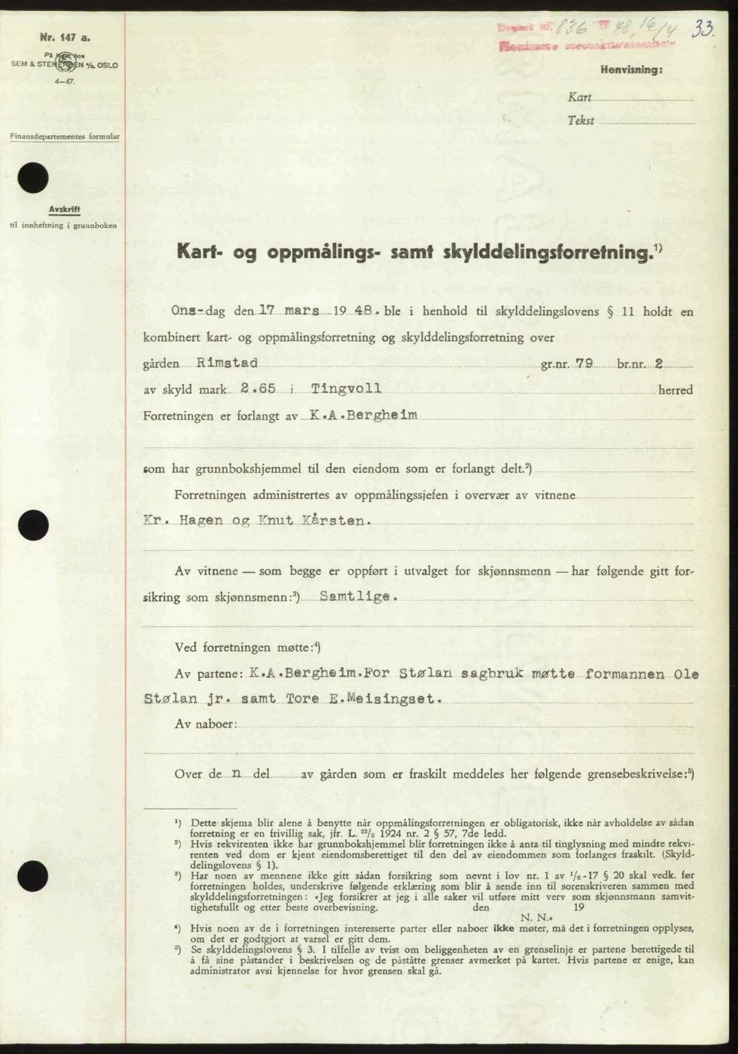 Nordmøre sorenskriveri, SAT/A-4132/1/2/2Ca: Pantebok nr. A108, 1948-1948, Dagboknr: 836/1948