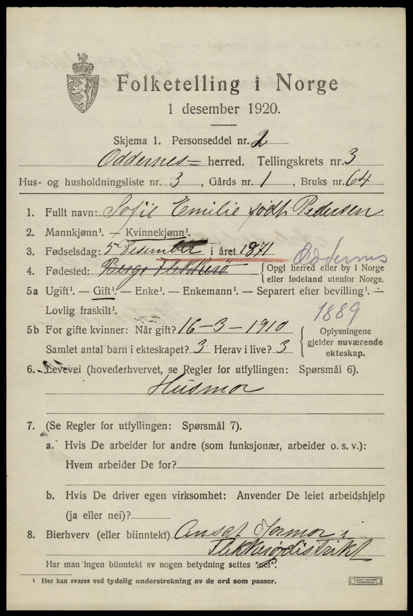 SAK, Folketelling 1920 for 1012 Oddernes herred, 1920, s. 3371