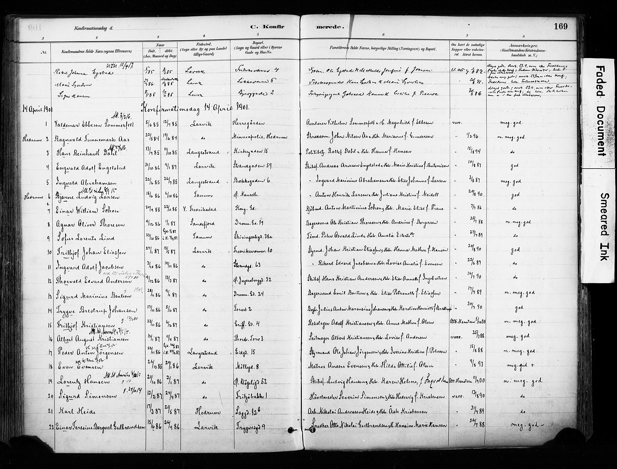 Larvik kirkebøker, AV/SAKO-A-352/F/Fa/L0008: Ministerialbok nr. I 8, 1884-1902, s. 169