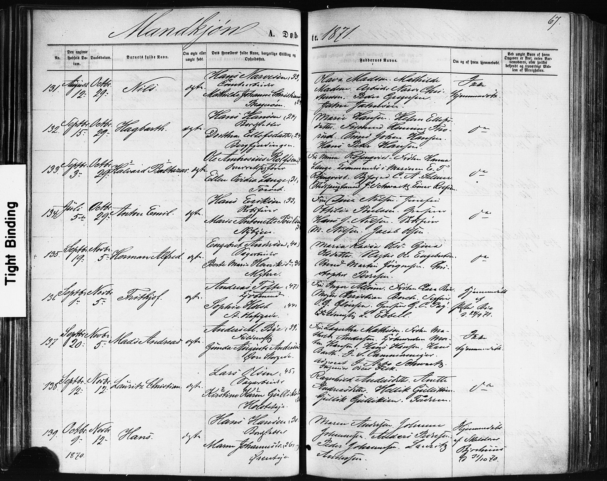 Bragernes kirkebøker, AV/SAKO-A-6/F/Fb/L0004: Ministerialbok nr. II 4, 1869-1875, s. 67