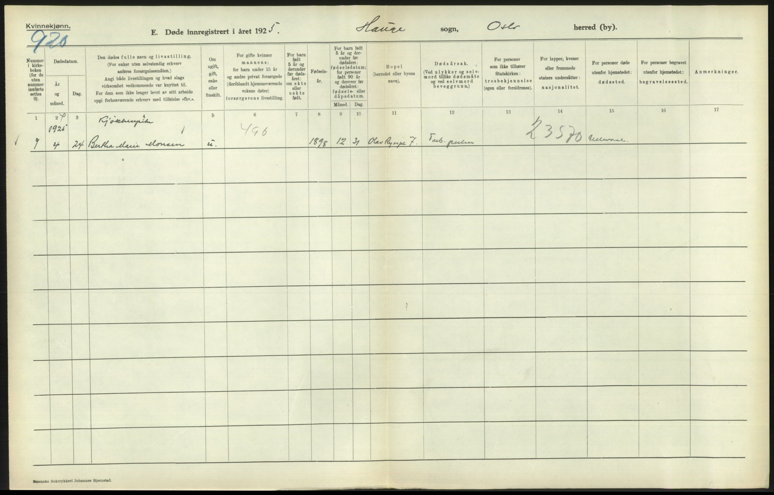 Statistisk sentralbyrå, Sosiodemografiske emner, Befolkning, RA/S-2228/D/Df/Dfc/Dfce/L0010: Oslo: Døde kvinner, dødfødte, 1925, s. 606