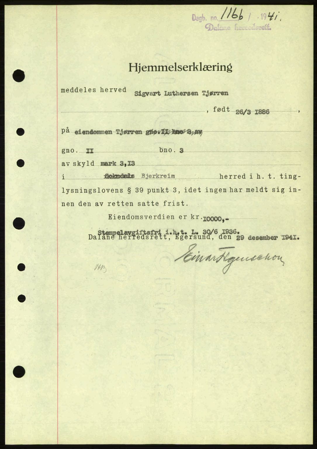 Dalane sorenskriveri, SAST/A-100309/02/G/Gb/L0045: Pantebok nr. A6, 1941-1942, Dagboknr: 1166/1941