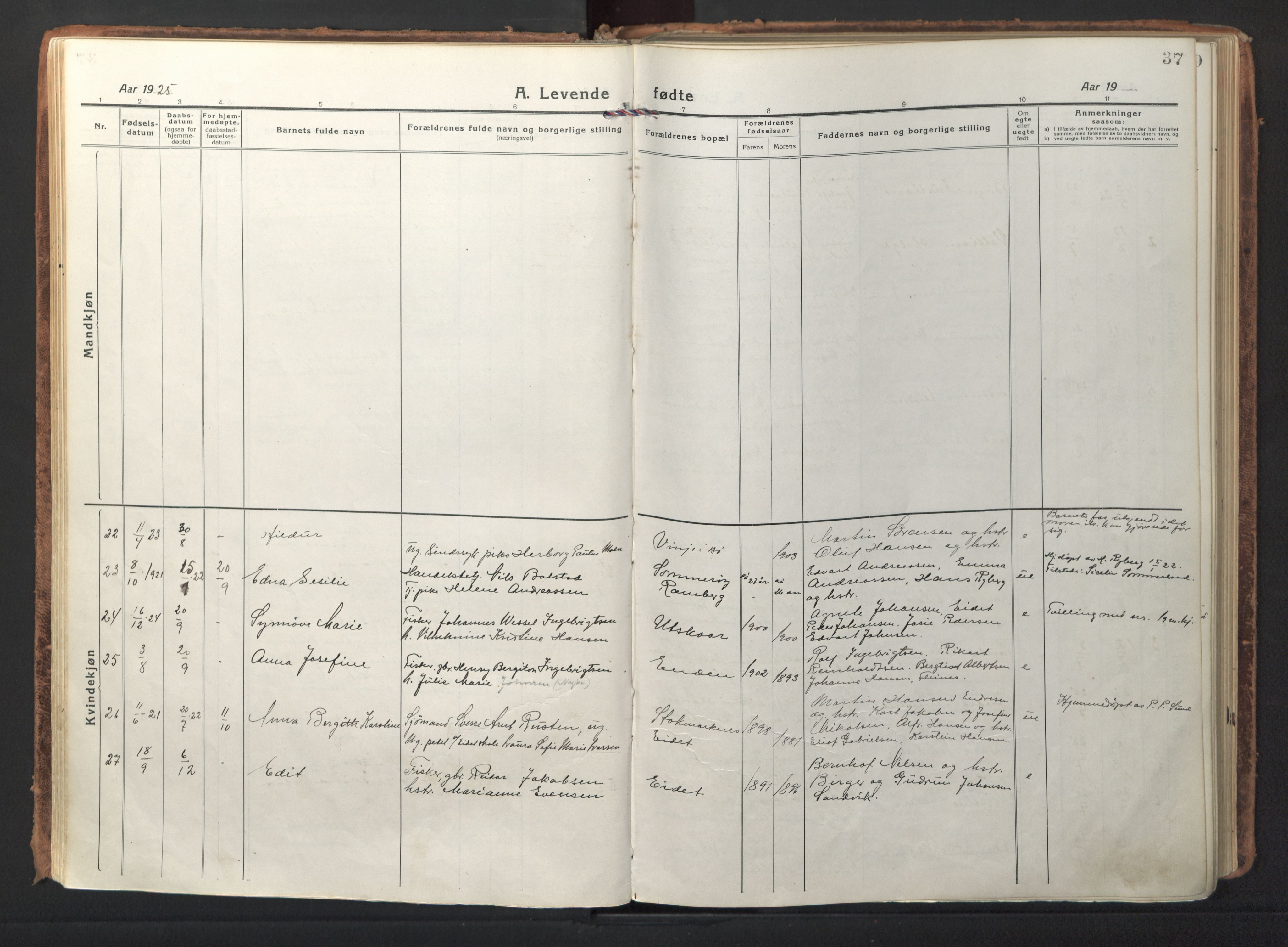 Ministerialprotokoller, klokkerbøker og fødselsregistre - Nordland, AV/SAT-A-1459/892/L1323: Ministerialbok nr. 892A04, 1917-1934, s. 37