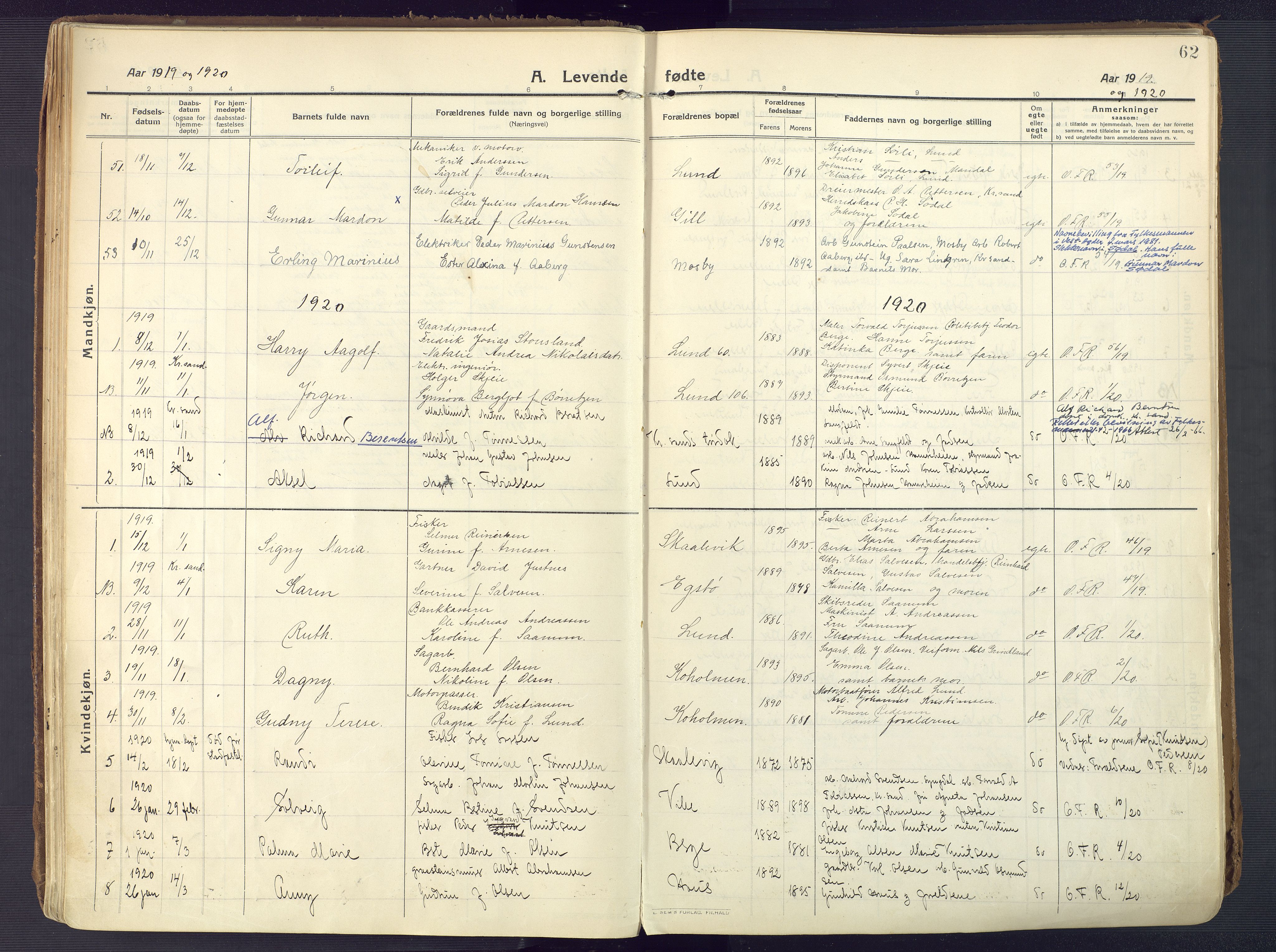 Oddernes sokneprestkontor, SAK/1111-0033/F/Fa/Faa/L0012: Ministerialbok nr. A 12, 1912-1925, s. 62