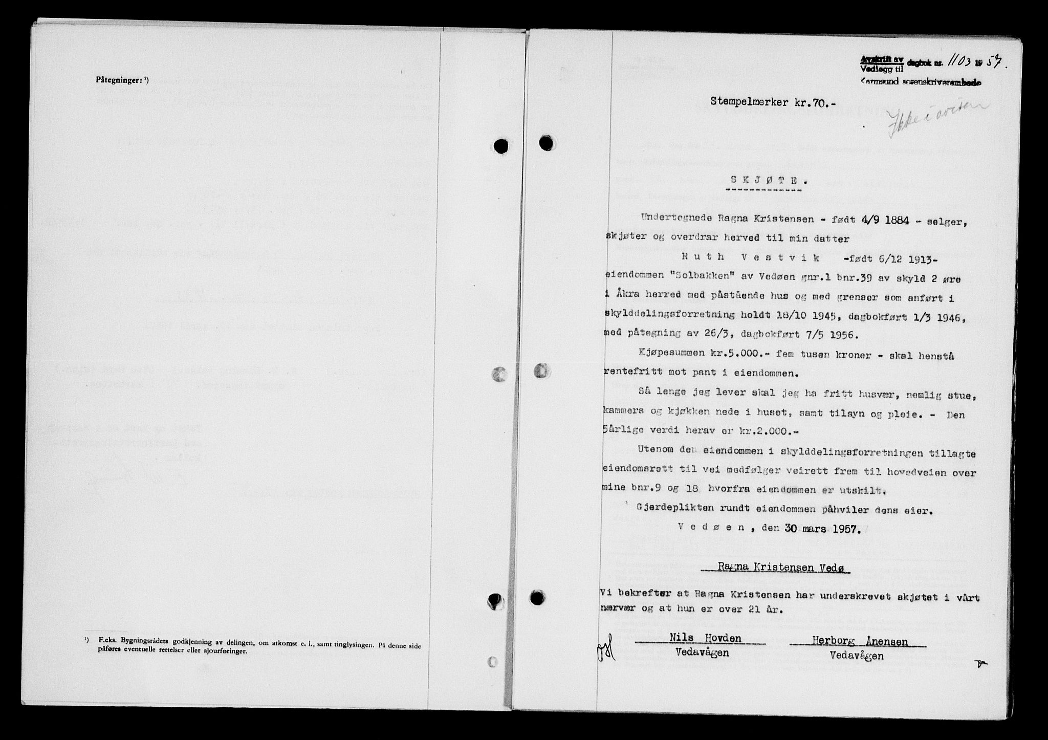 Karmsund sorenskriveri, SAST/A-100311/01/II/IIB/L0124: Pantebok nr. 104A, 1957-1957, Dagboknr: 1103/1957