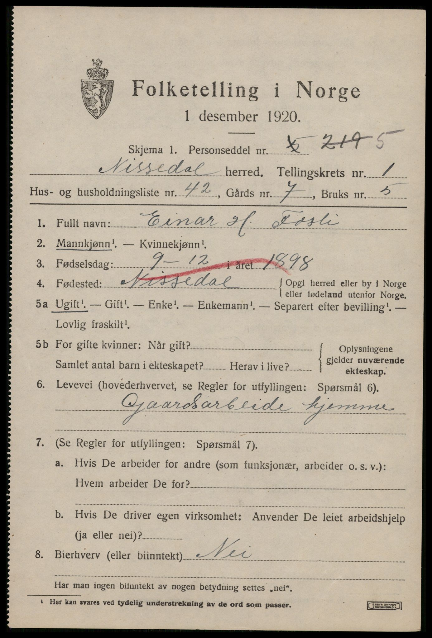 SAKO, Folketelling 1920 for 0830 Nissedal herred, 1920, s. 1271
