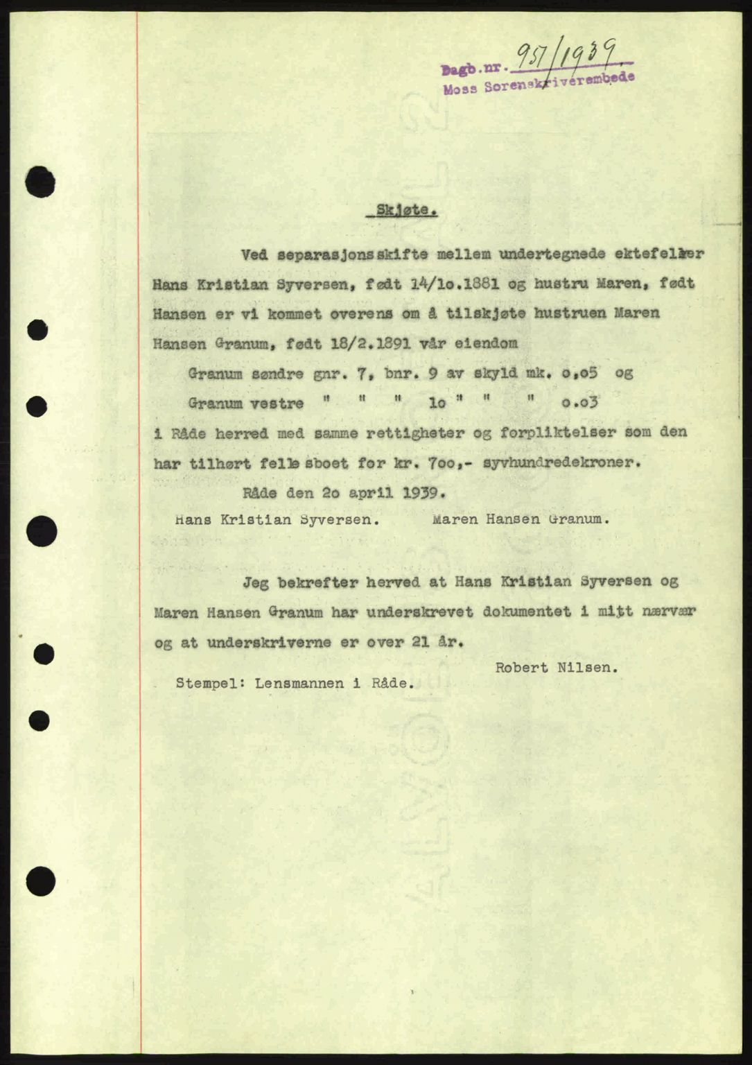 Moss sorenskriveri, SAO/A-10168: Pantebok nr. A5, 1938-1939, Dagboknr: 951/1939