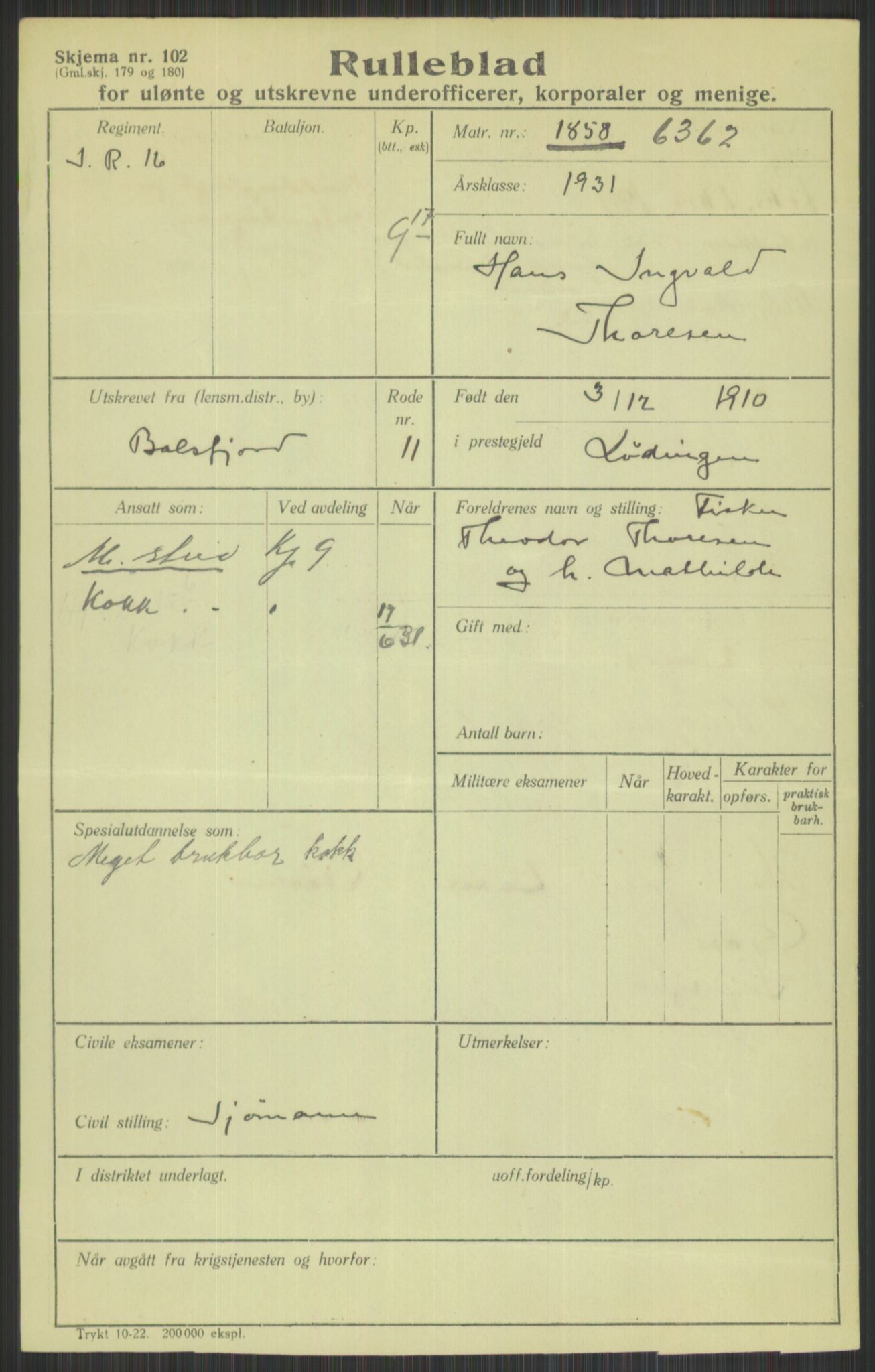 Forsvaret, Troms infanteriregiment nr. 16, AV/RA-RAFA-3146/P/Pa/L0015: Rulleblad for regimentets menige mannskaper, årsklasse 1931, 1931, s. 1147