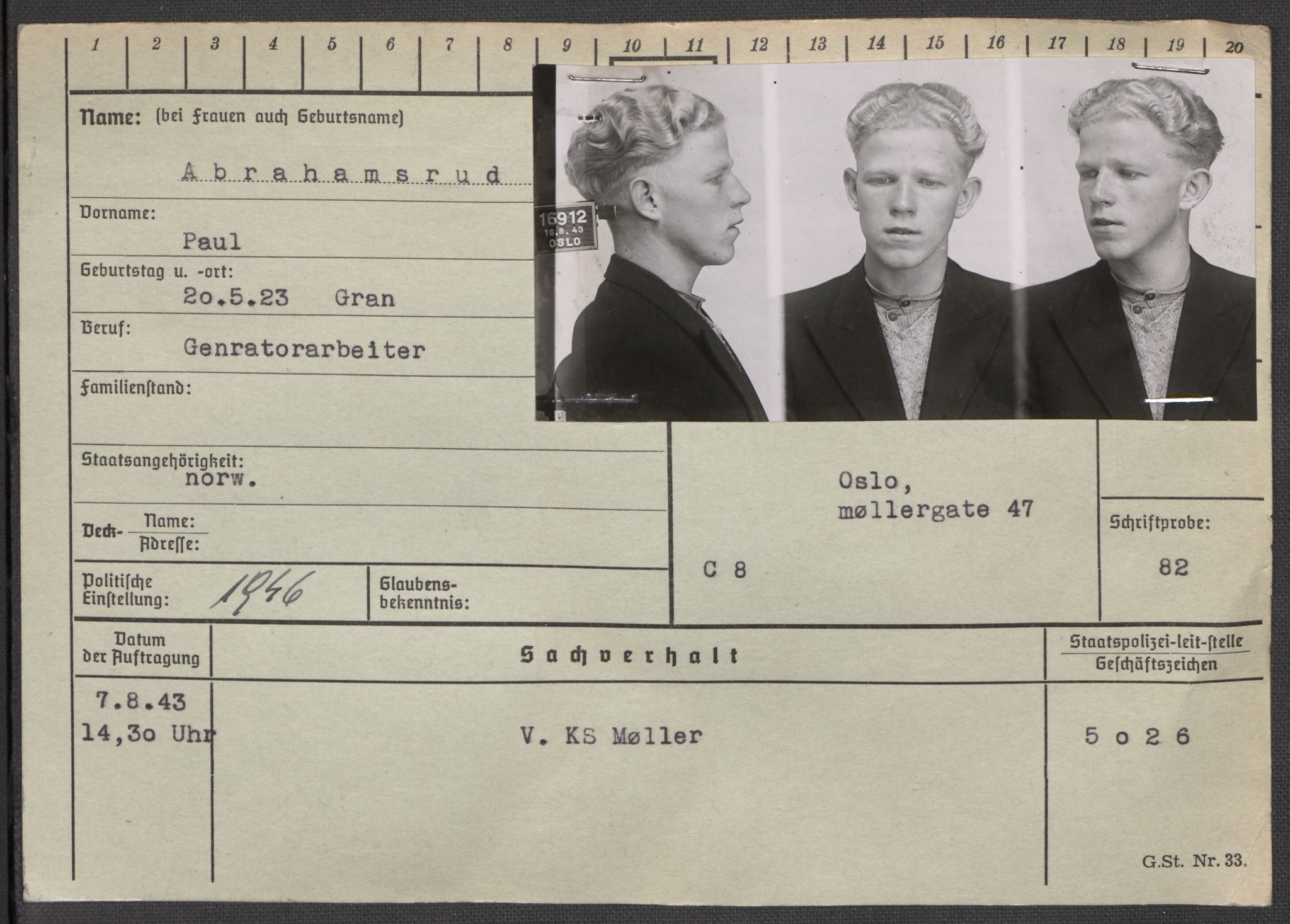 Befehlshaber der Sicherheitspolizei und des SD, RA/RAFA-5969/E/Ea/Eaa/L0001: Register over norske fanger i Møllergata 19: A-Bj, 1940-1945, s. 26