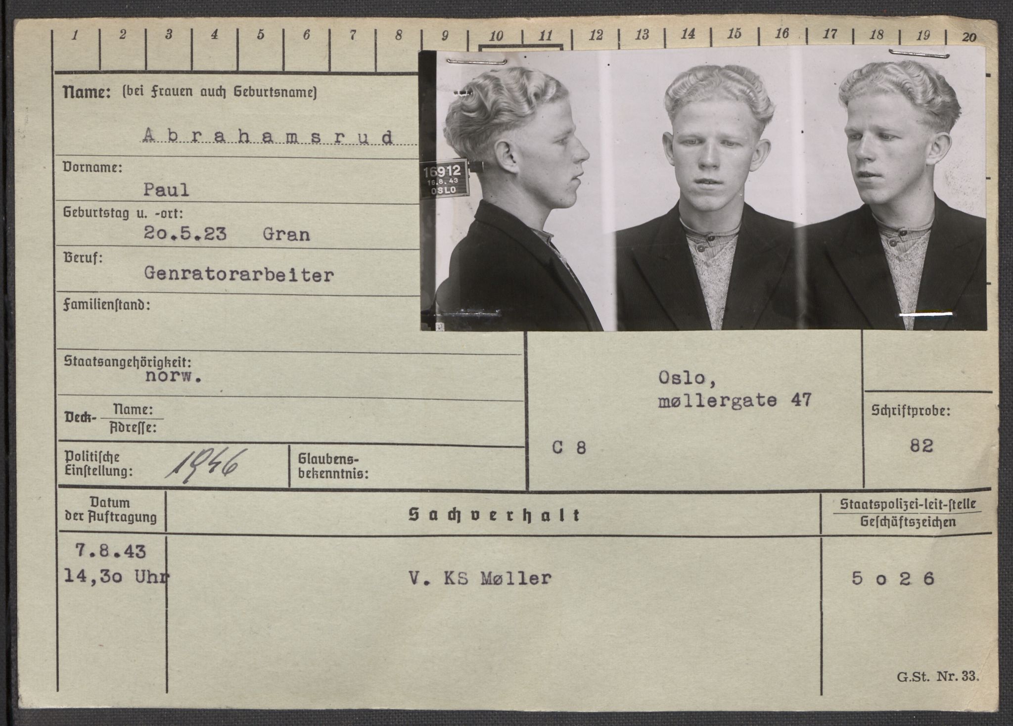 Befehlshaber der Sicherheitspolizei und des SD, AV/RA-RAFA-5969/E/Ea/Eaa/L0001: Register over norske fanger i Møllergata 19: A-Bj, 1940-1945, s. 26
