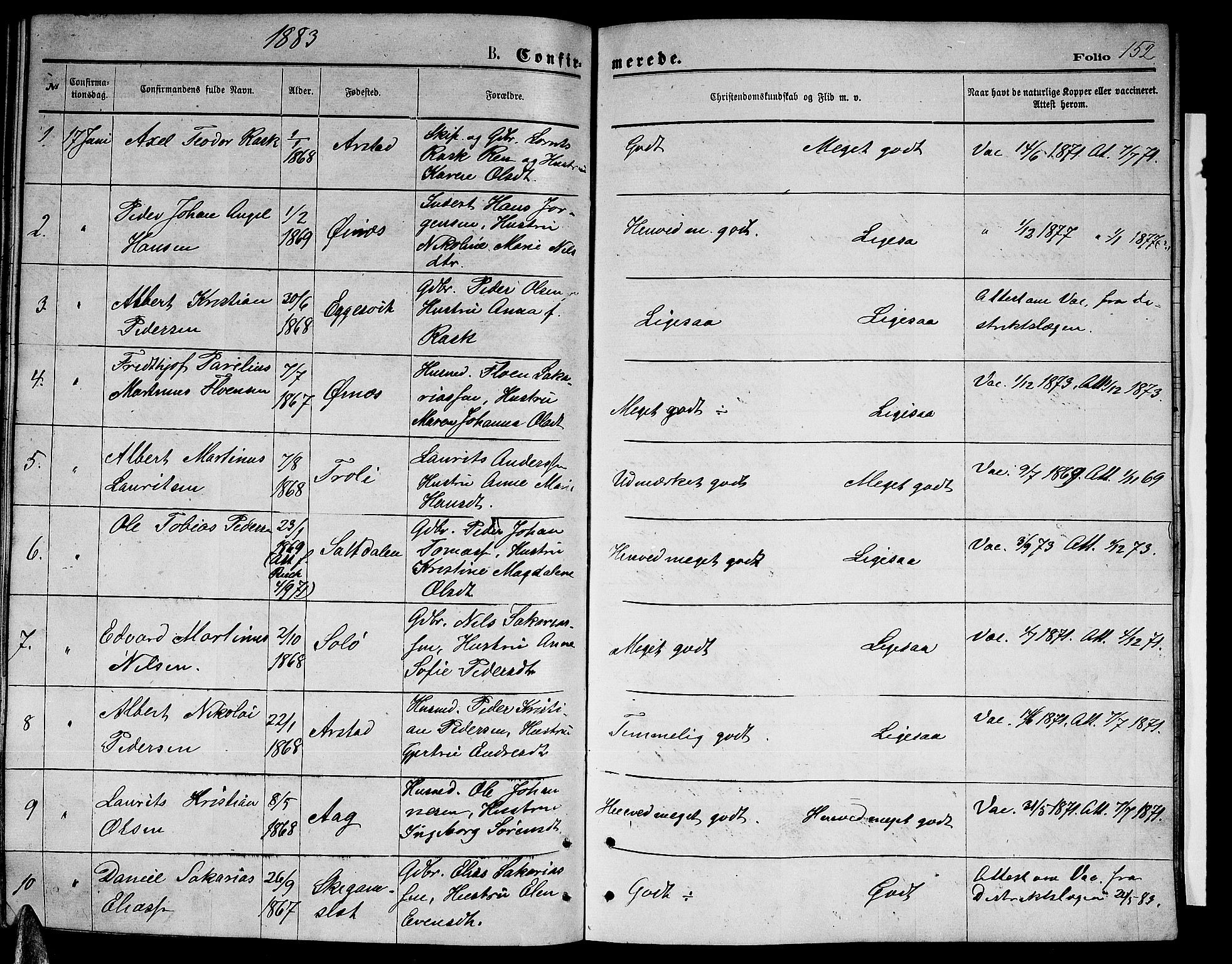 Ministerialprotokoller, klokkerbøker og fødselsregistre - Nordland, AV/SAT-A-1459/846/L0653: Klokkerbok nr. 846C03, 1872-1887, s. 152