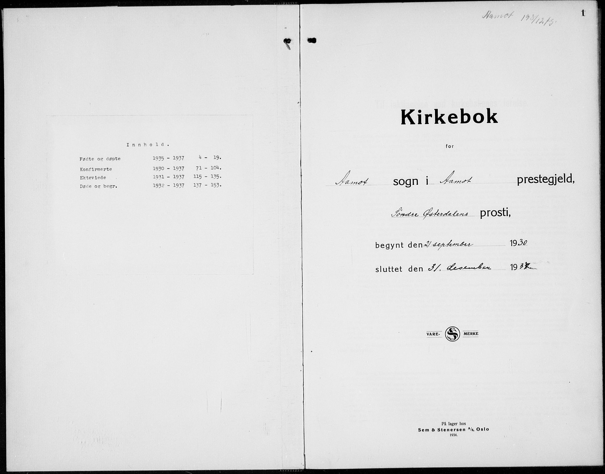 Åmot prestekontor, Hedmark, AV/SAH-PREST-056/H/Ha/Hab/L0006: Klokkerbok nr. 6, 1930-1937, s. 1