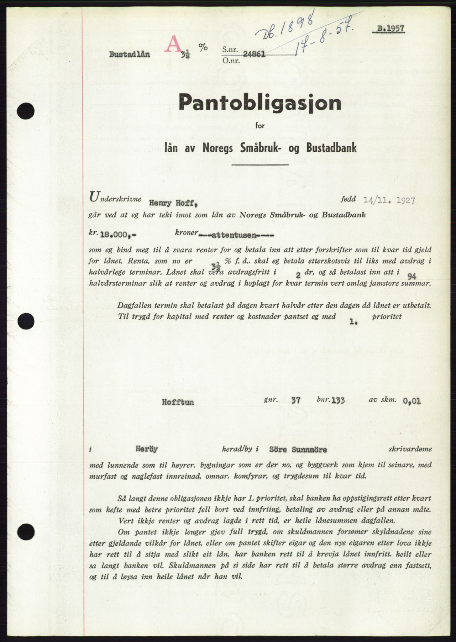 Søre Sunnmøre sorenskriveri, AV/SAT-A-4122/1/2/2C/L0130: Pantebok nr. 18B, 1957-1958, Dagboknr: 1898/1957