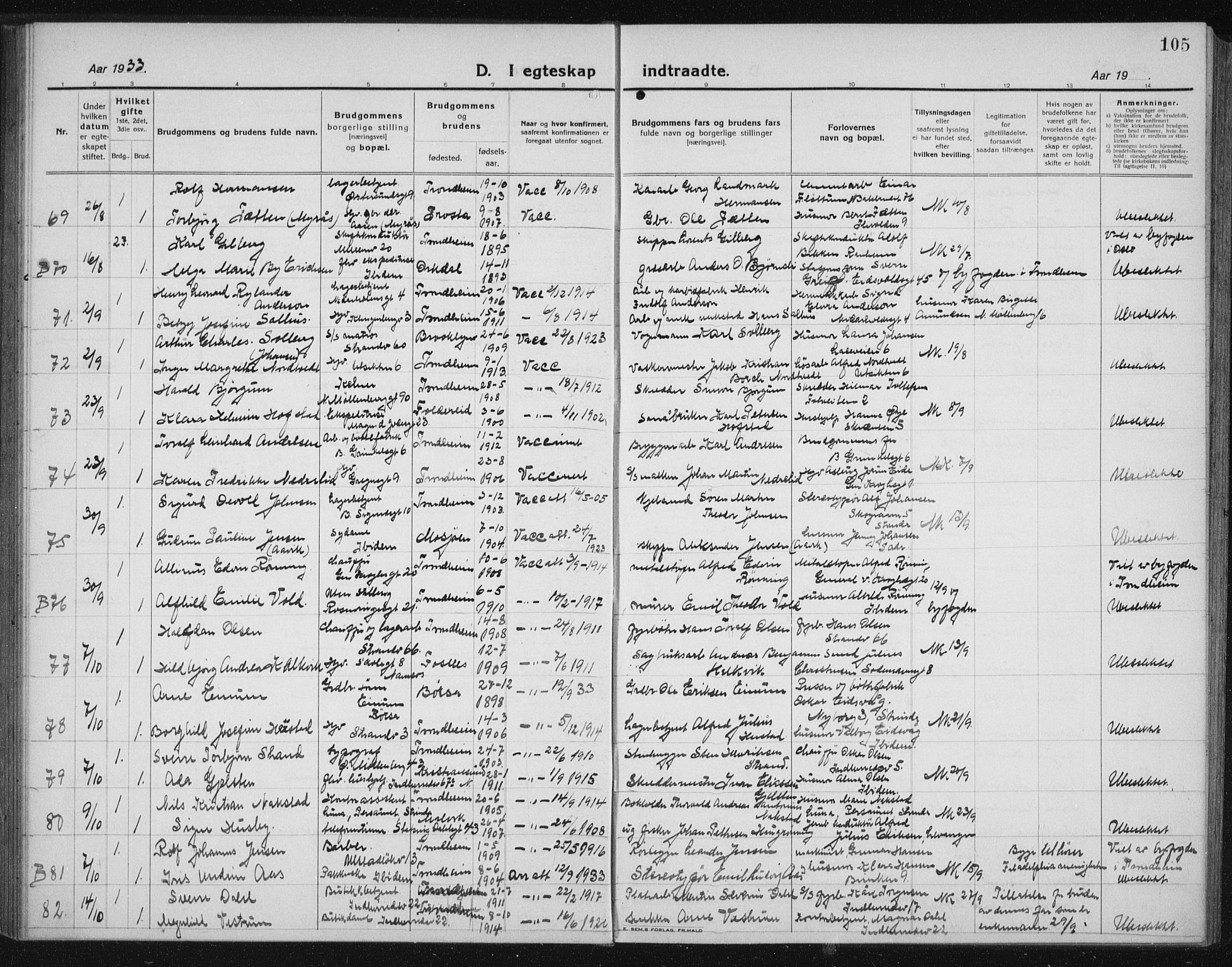 Ministerialprotokoller, klokkerbøker og fødselsregistre - Sør-Trøndelag, AV/SAT-A-1456/605/L0260: Klokkerbok nr. 605C07, 1922-1942, s. 105