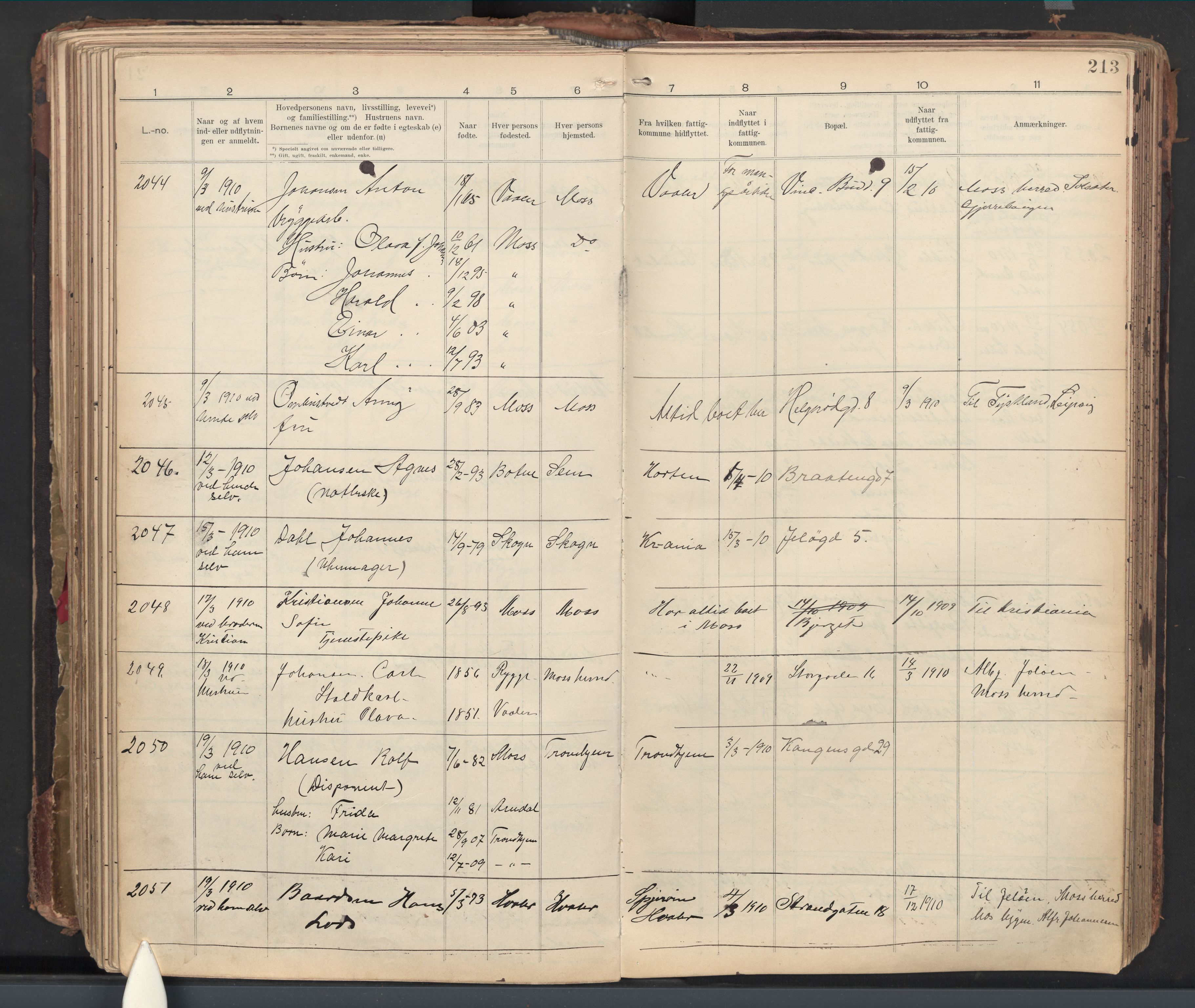 Moss folkeregister, AV/SAO-A-10020/J/L0002: Inn- og utflyttede i Moss fattigkommune, 1905-1913, s. 213