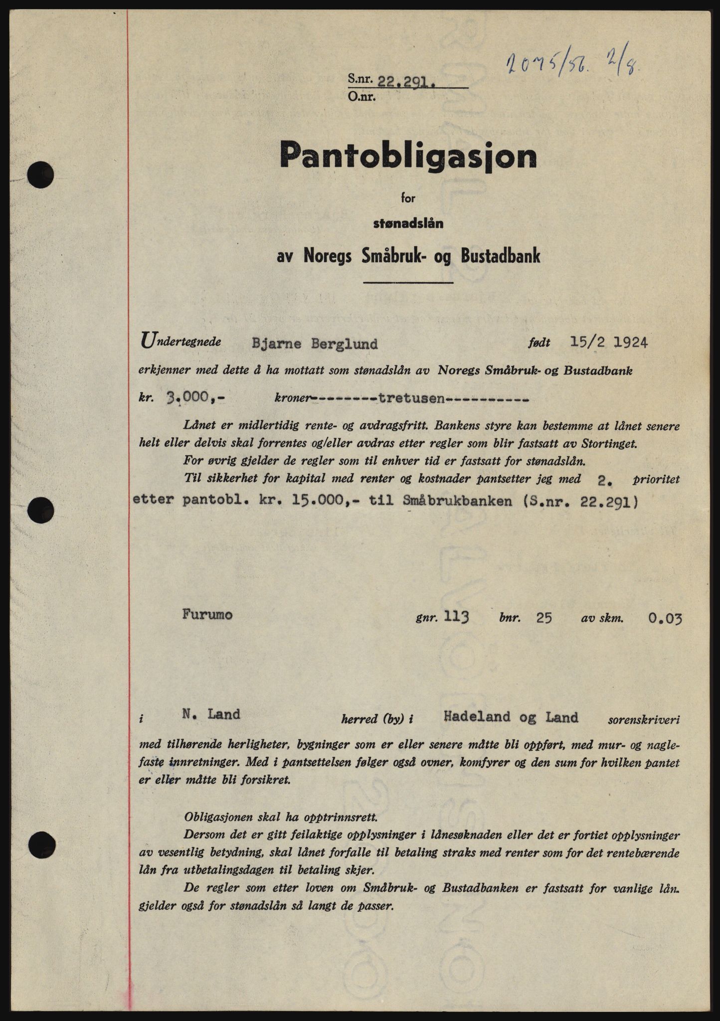 Hadeland og Land tingrett, SAH/TING-010/H/Hb/Hbc/L0034: Pantebok nr. B34, 1956-1956, Dagboknr: 2075/1956