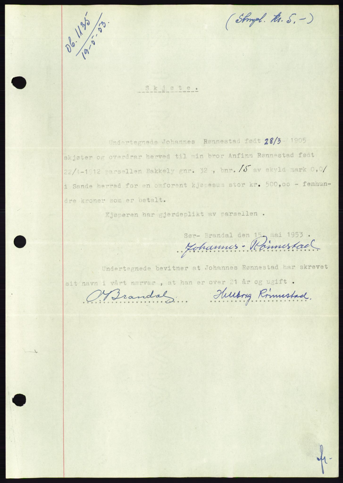 Søre Sunnmøre sorenskriveri, AV/SAT-A-4122/1/2/2C/L0095: Pantebok nr. 21A, 1953-1953, Dagboknr: 1135/1953