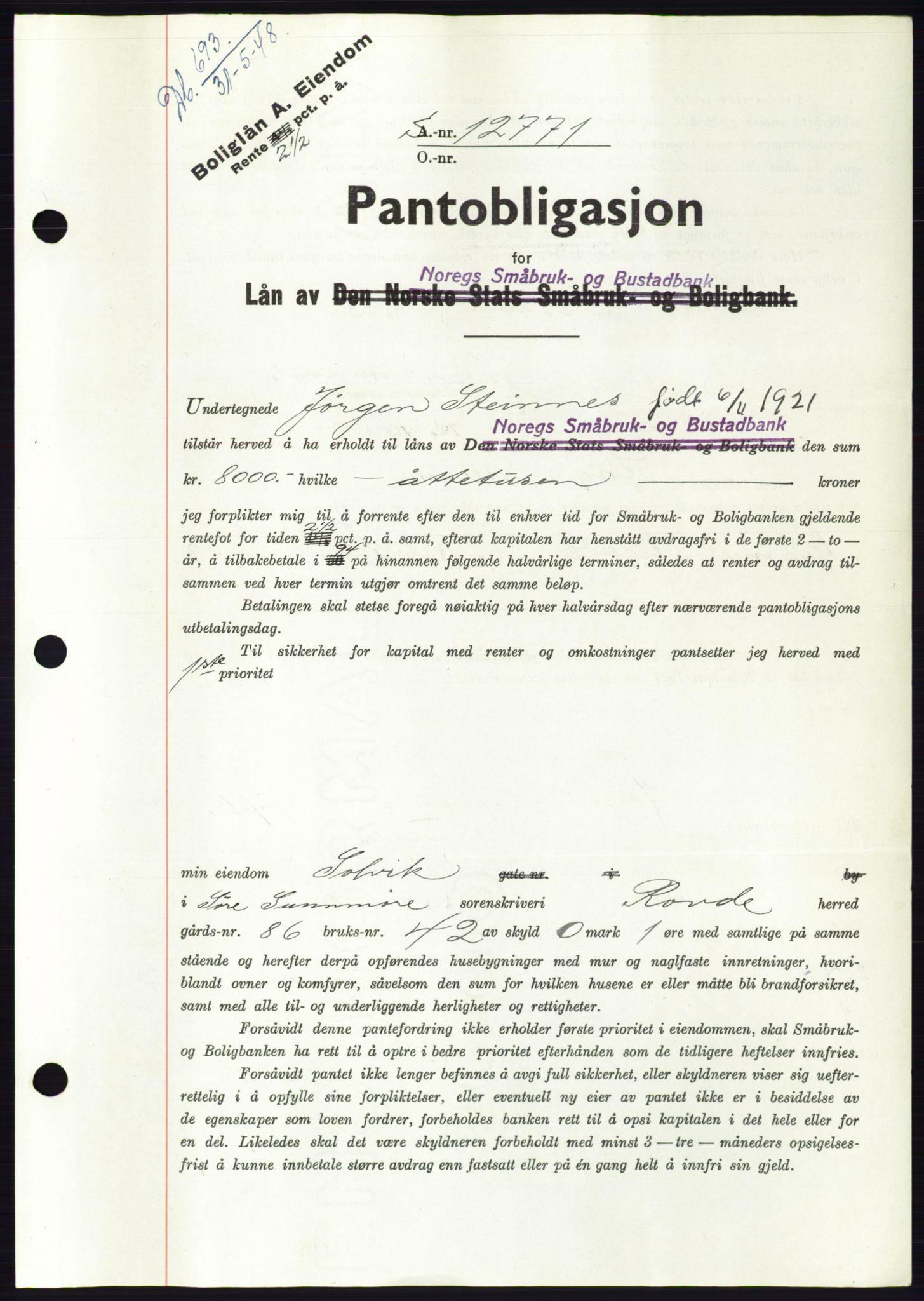 Søre Sunnmøre sorenskriveri, SAT/A-4122/1/2/2C/L0116: Pantebok nr. 4B, 1948-1949, Dagboknr: 693/1948