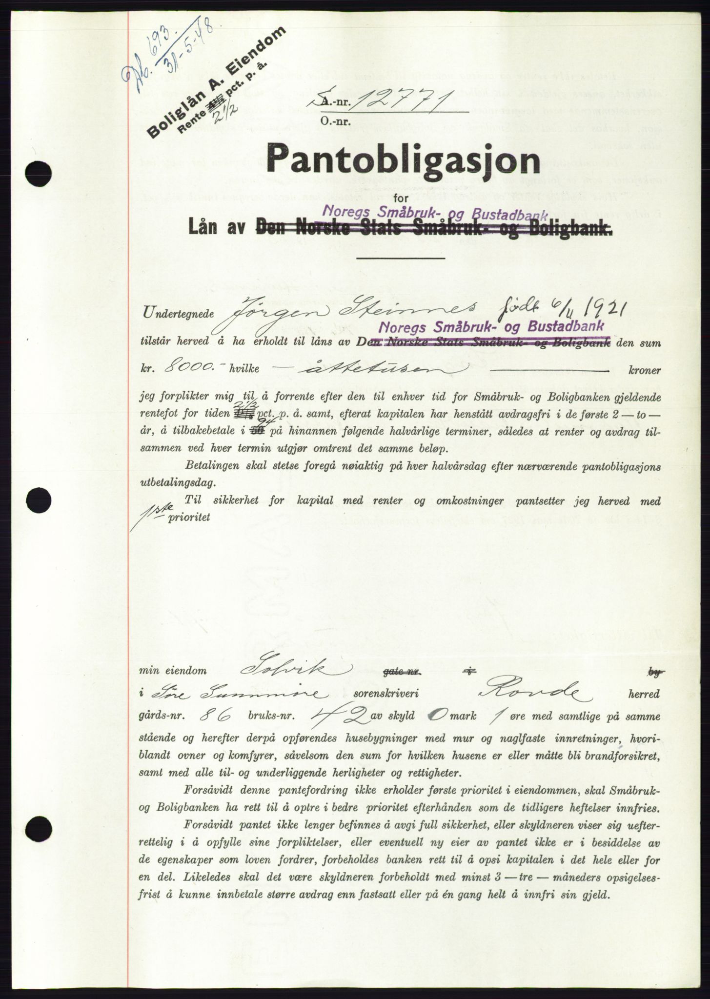 Søre Sunnmøre sorenskriveri, AV/SAT-A-4122/1/2/2C/L0116: Pantebok nr. 4B, 1948-1949, Dagboknr: 693/1948