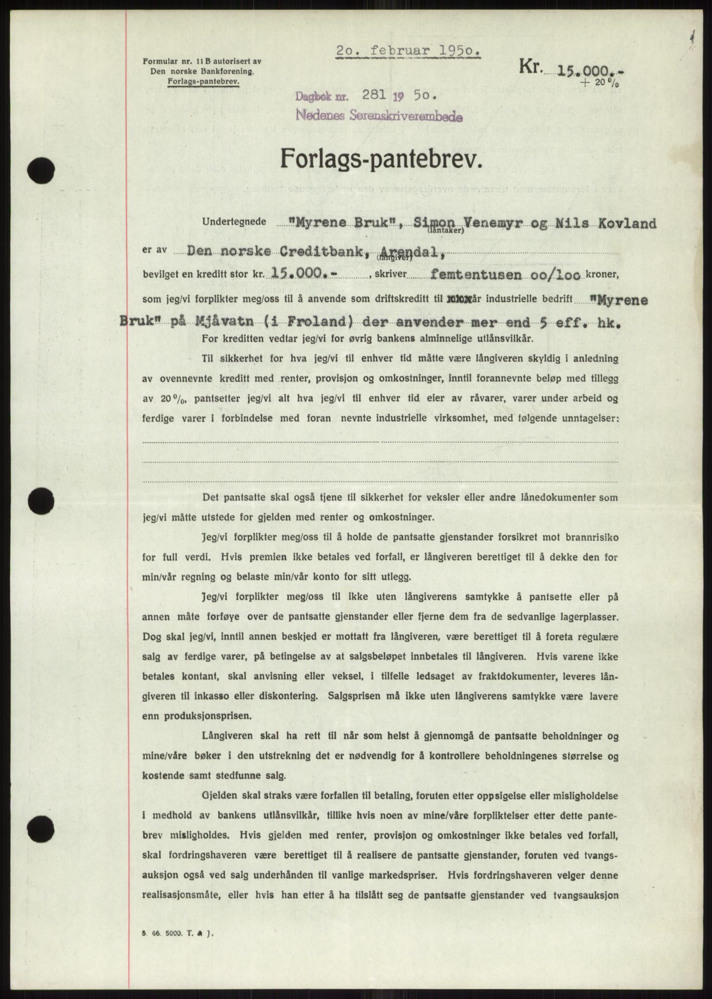 Nedenes sorenskriveri, AV/SAK-1221-0006/G/Gb/Gbb/L0007: Pantebok nr. B7, 1949-1950, Dagboknr: 281/1950