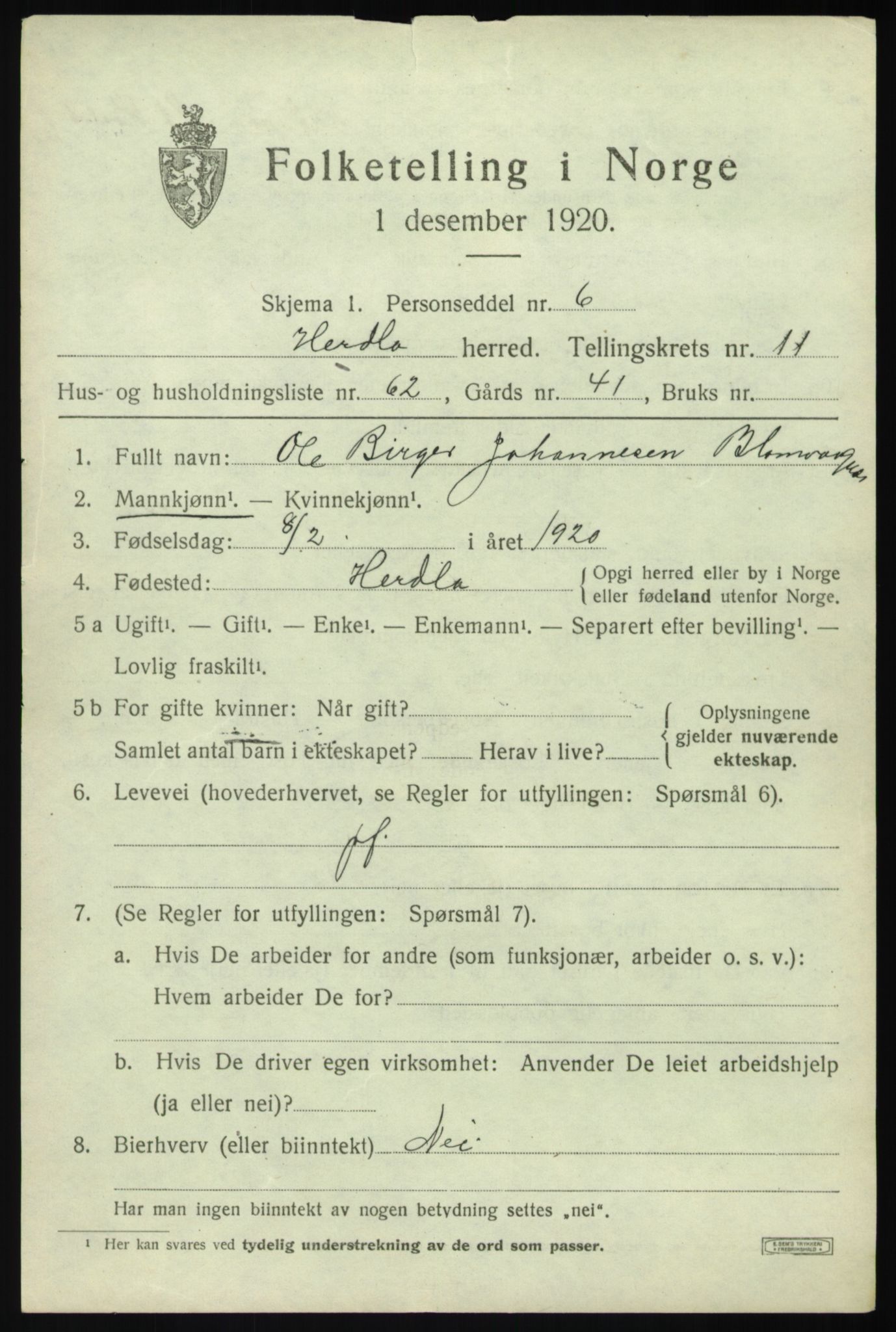 SAB, Folketelling 1920 for 1258 Herdla herred, 1920, s. 8333