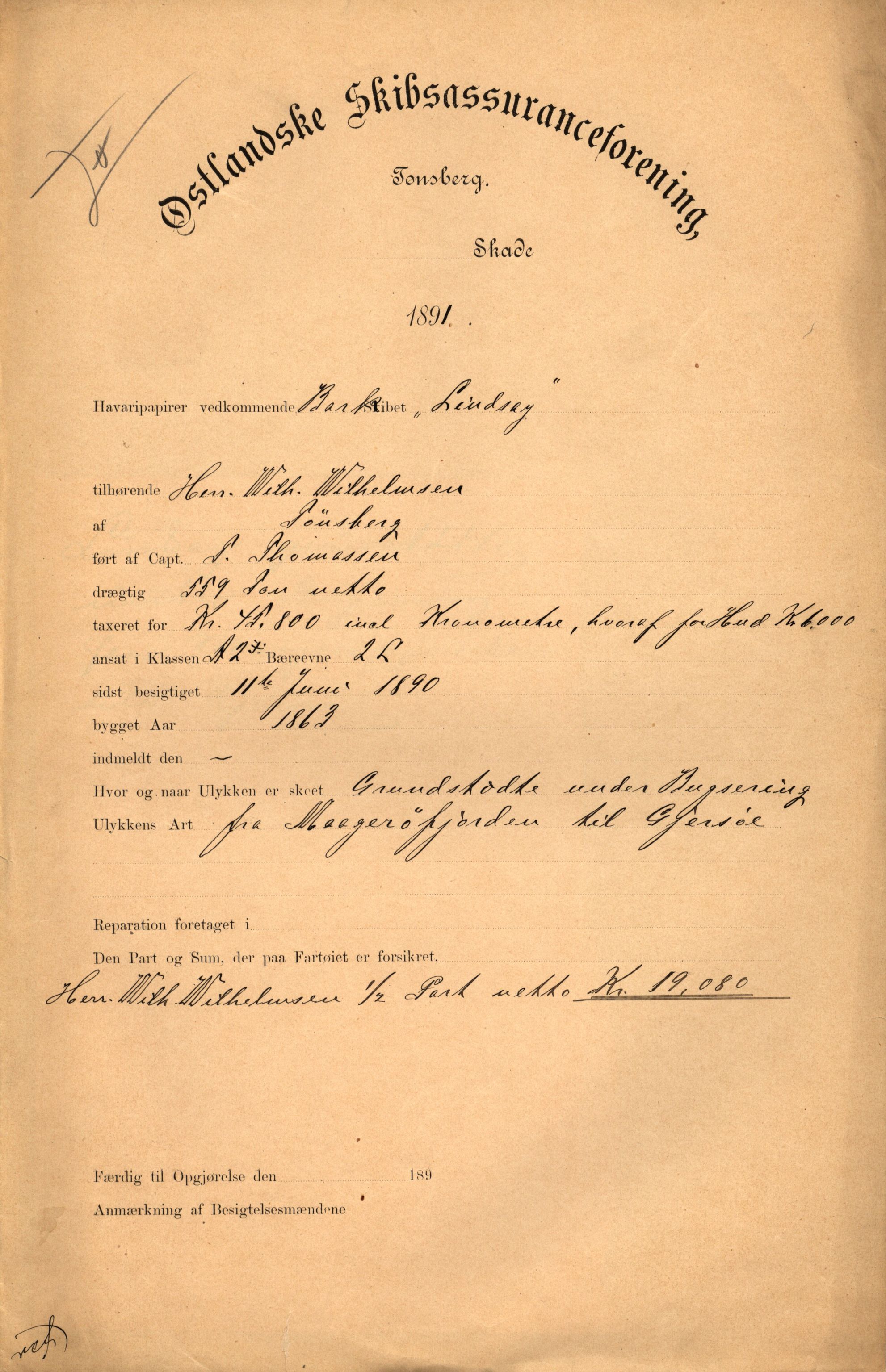 Pa 63 - Østlandske skibsassuranceforening, VEMU/A-1079/G/Ga/L0027/0001: Havaridokumenter / Magnolia, Kong Carl, Louise, Lindsay, Activ av Flekkefjord, 1891, s. 18