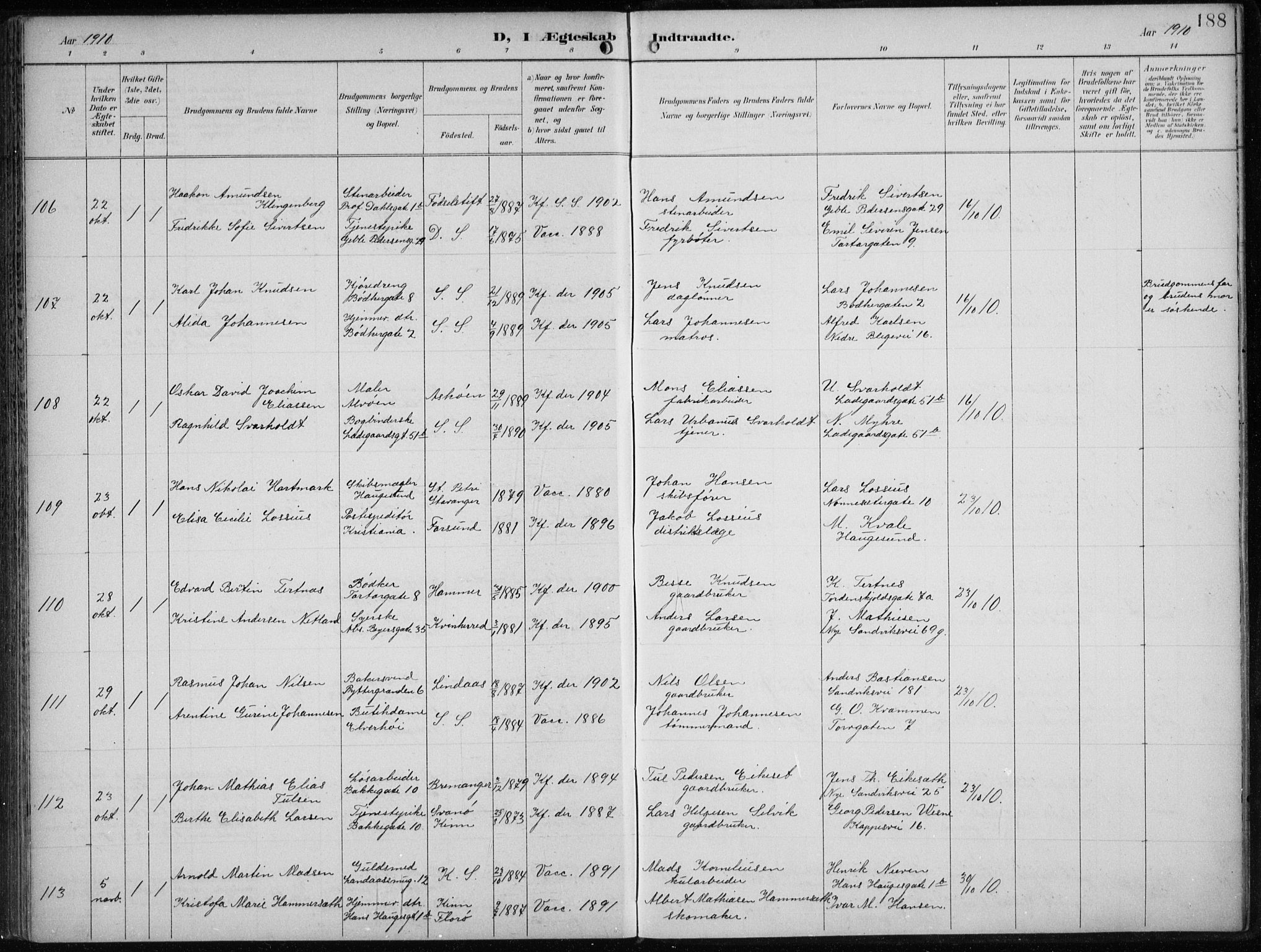 Sandviken Sokneprestembete, SAB/A-77601/H/Ha/L0014: Ministerialbok nr. D 1, 1896-1911, s. 188