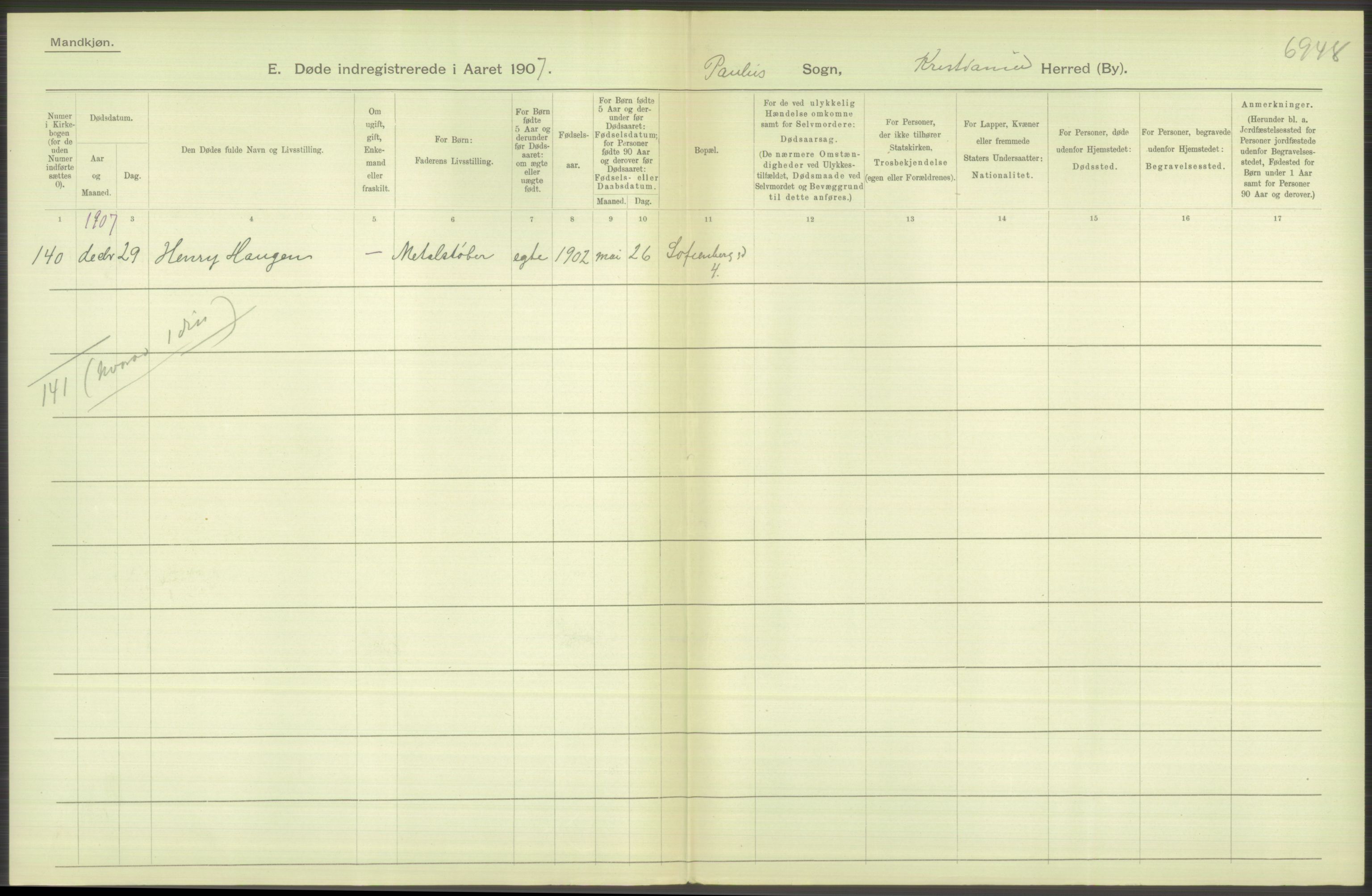 Statistisk sentralbyrå, Sosiodemografiske emner, Befolkning, AV/RA-S-2228/D/Df/Dfa/Dfae/L0010: Kristiania: Døde, dødfødte, 1907, s. 280