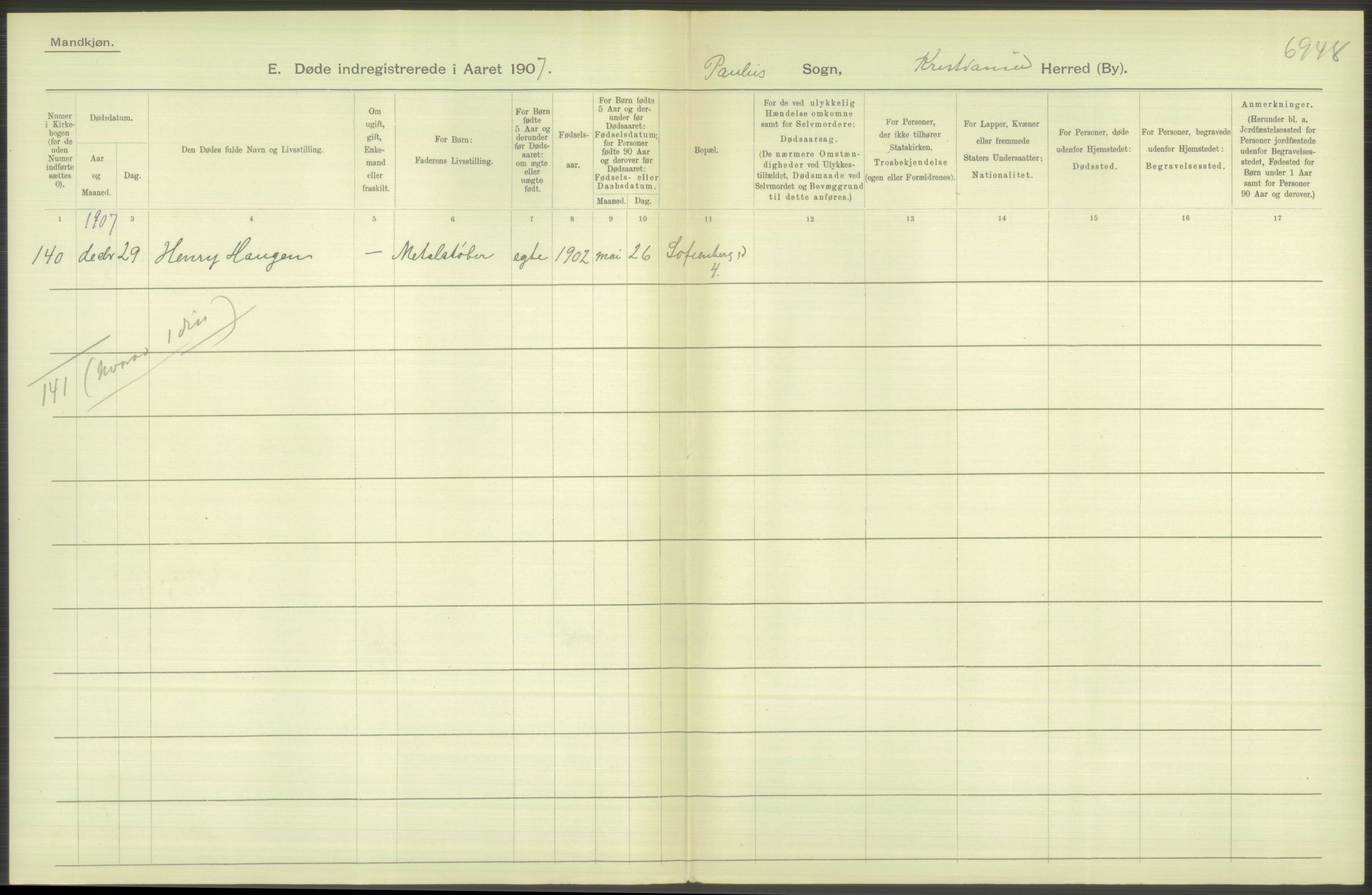 Statistisk sentralbyrå, Sosiodemografiske emner, Befolkning, RA/S-2228/D/Df/Dfa/Dfae/L0010: Kristiania: Døde, dødfødte, 1907, s. 280