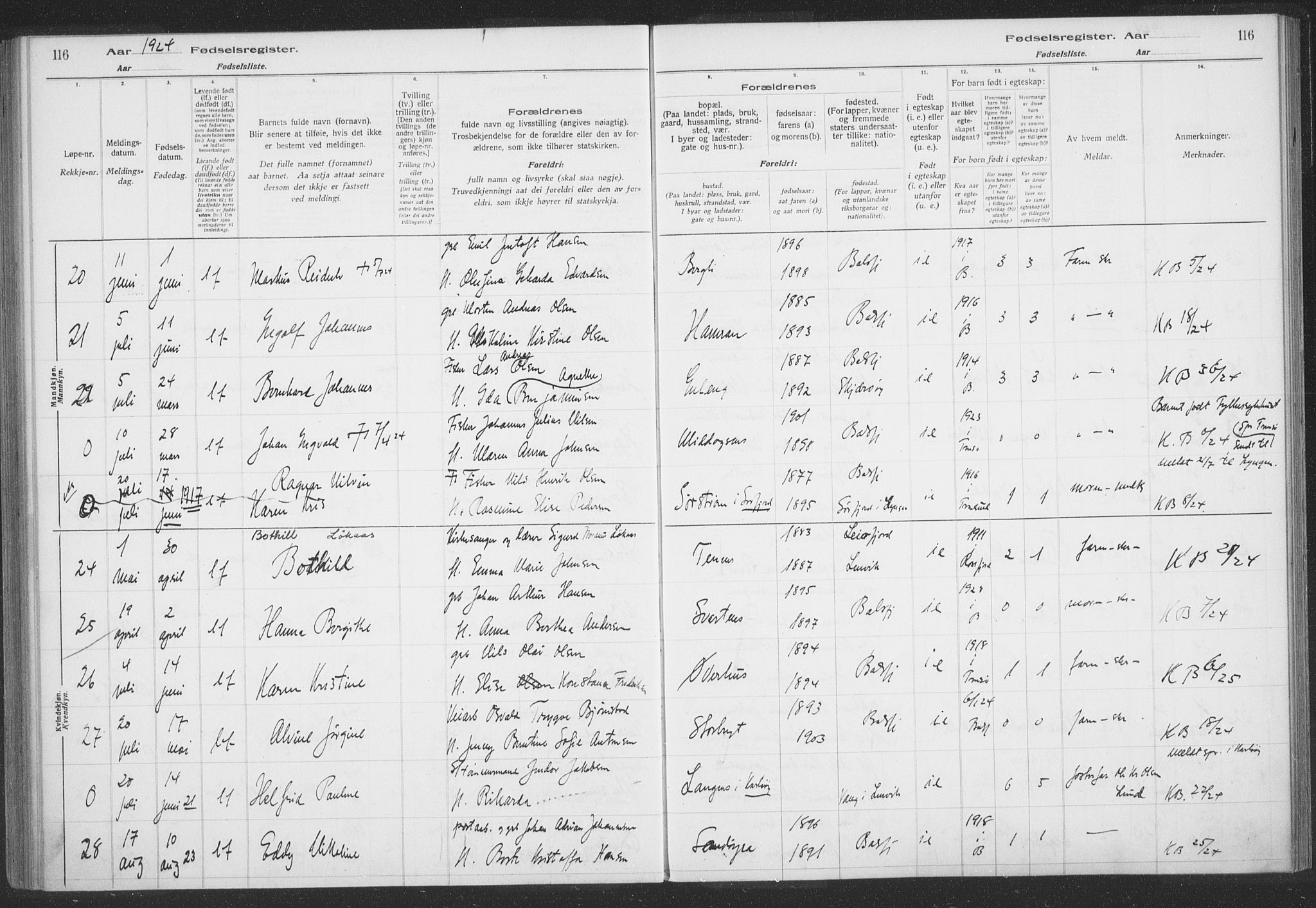 Balsfjord sokneprestembete, AV/SATØ-S-1303/H/Hb/L0059: Fødselsregister nr. 59, 1916-1930, s. 116