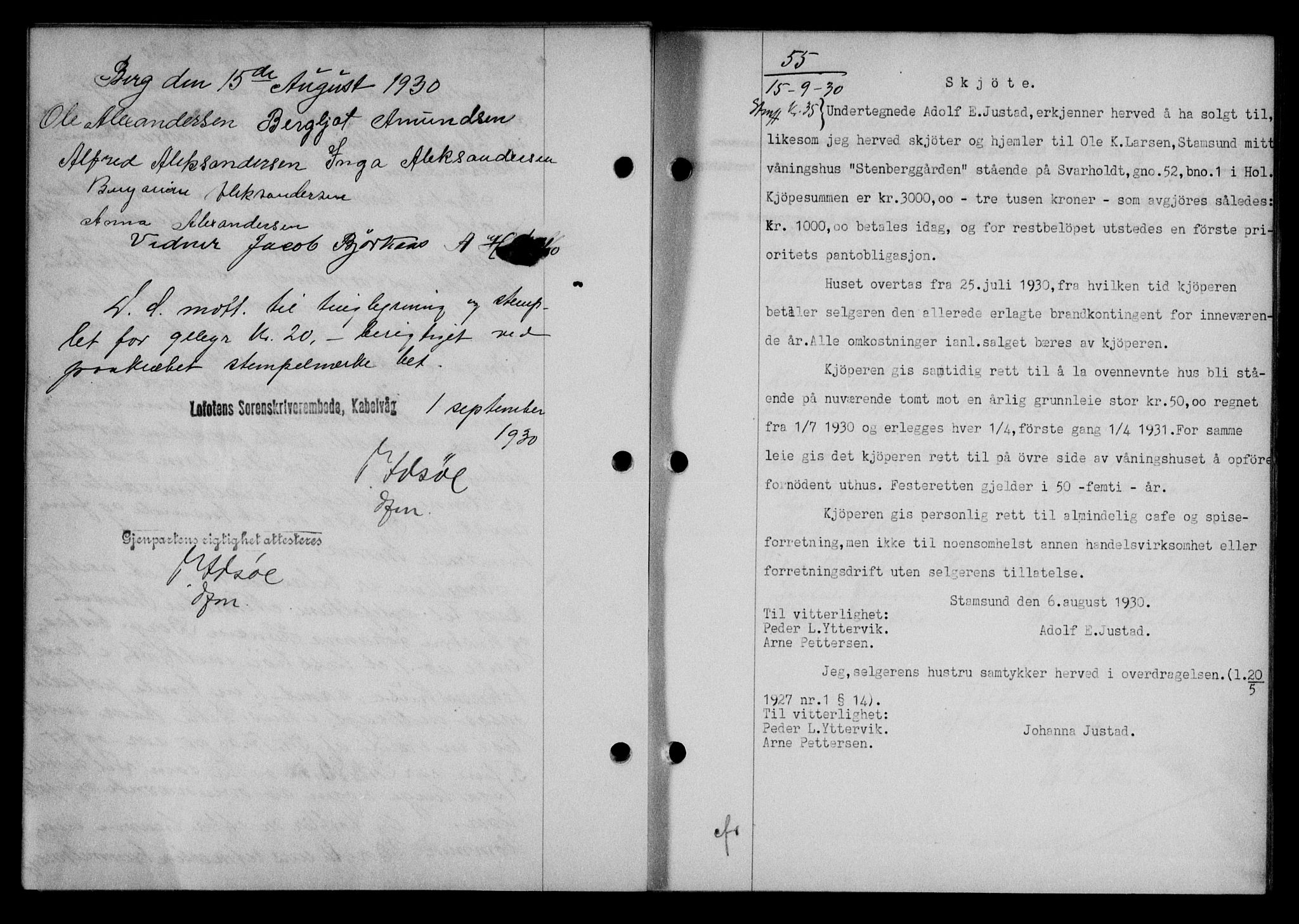 Lofoten sorenskriveri, SAT/A-0017/1/2/2C/L0022b: Pantebok nr. 22b, 1930-1930, Tingl.dato: 15.09.1930