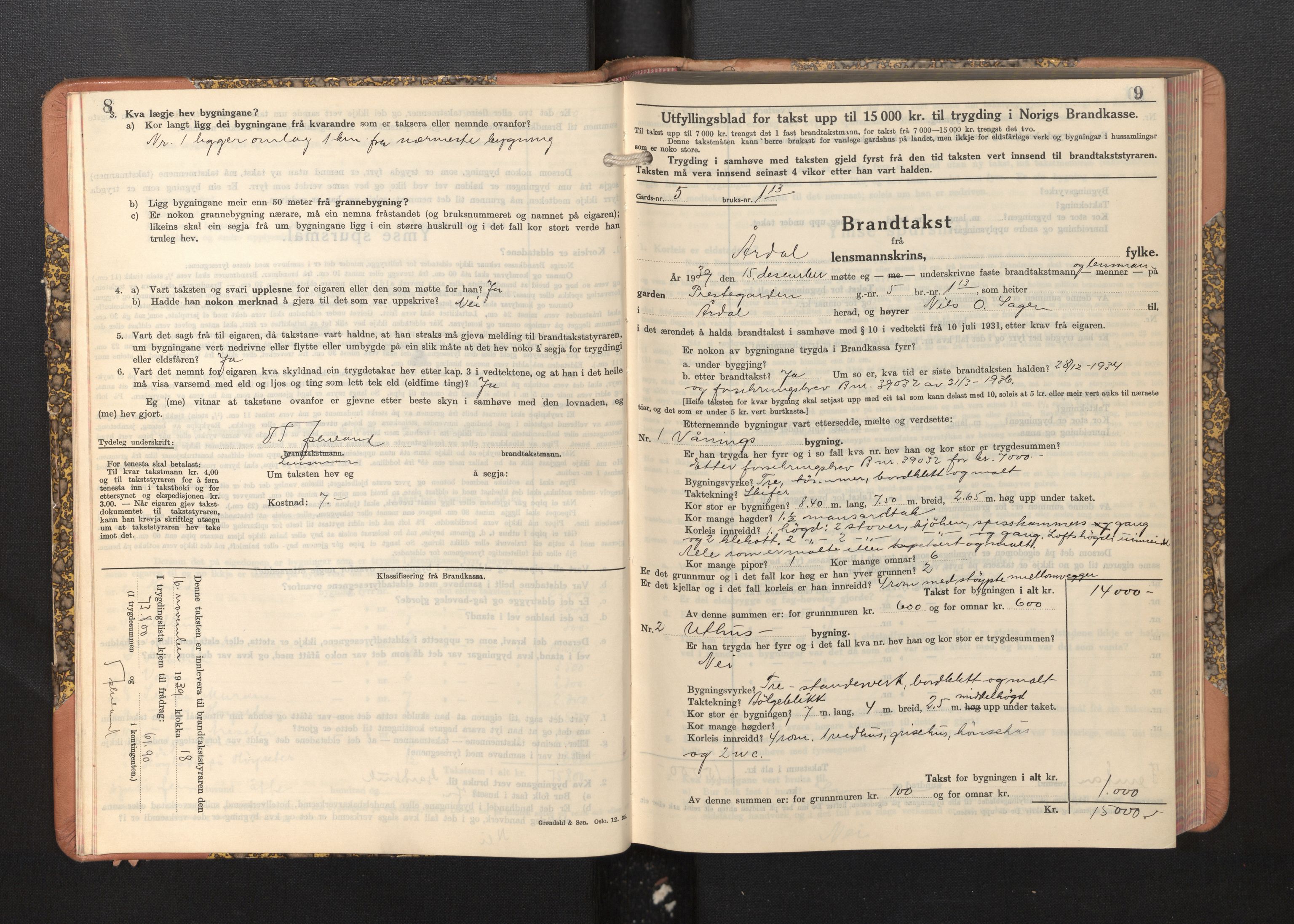Lensmannen i Årdal, AV/SAB-A-30501/0012/L0011: Branntakstprotokoll, skjematakst, 1939-1948, s. 8-9