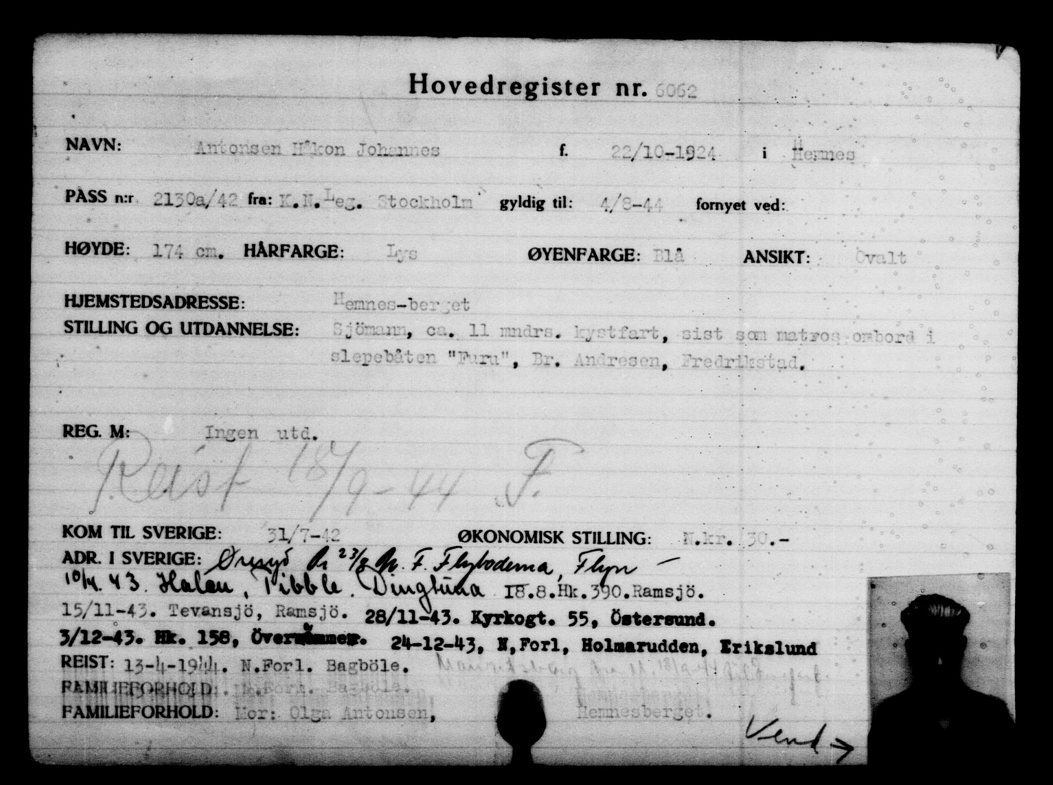 Utenriksstasjonene, Legasjonen i Stockholm, Flyktningkontoret, AV/RA-S-6753/V/Va/L0004: Kjesäterkartoteket, flyktninger med registreringsnr. 3496-6610, 1940-1945, s. 3004
