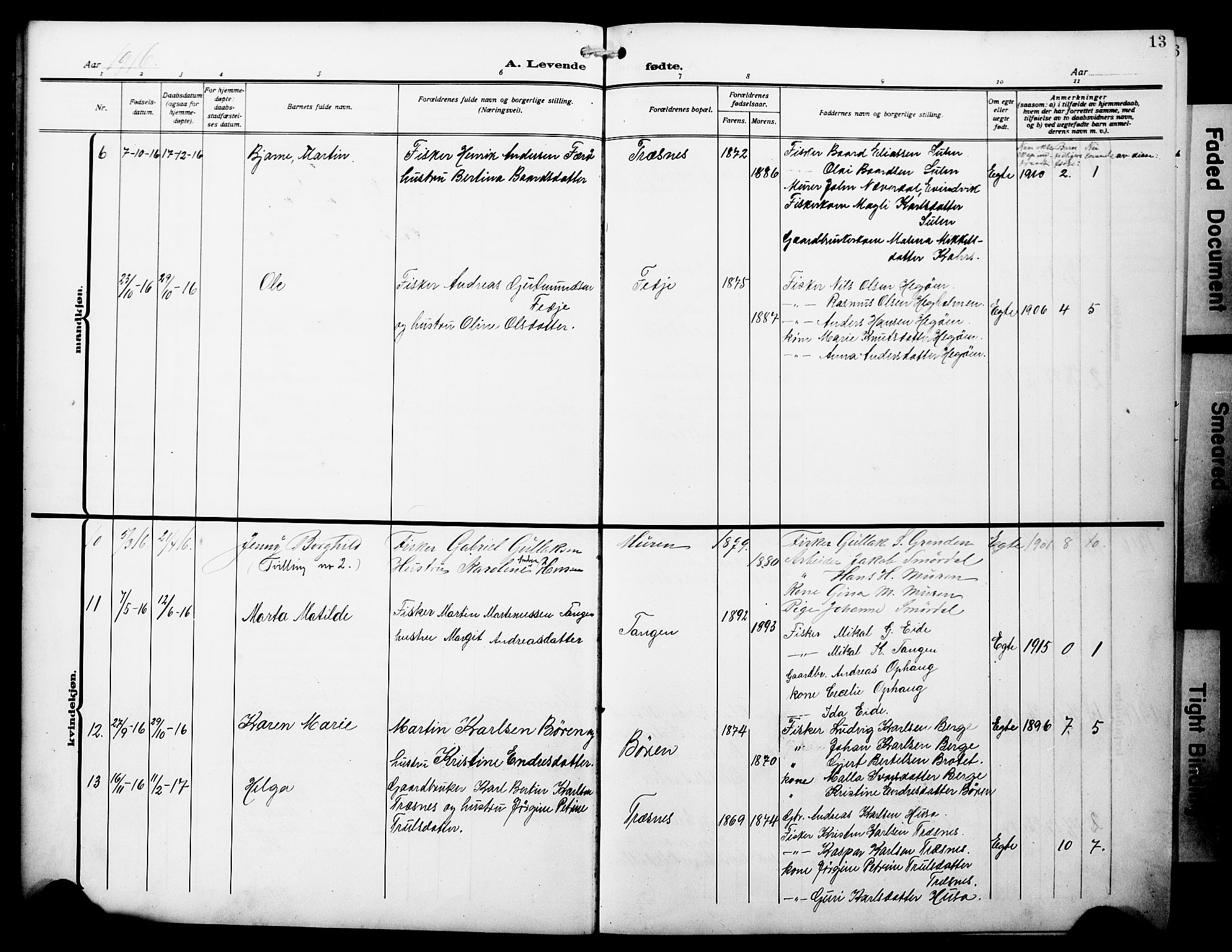 Lindås Sokneprestembete, AV/SAB-A-76701/H/Hab/Habd/L0004: Klokkerbok nr. D 4, 1913-1928, s. 13