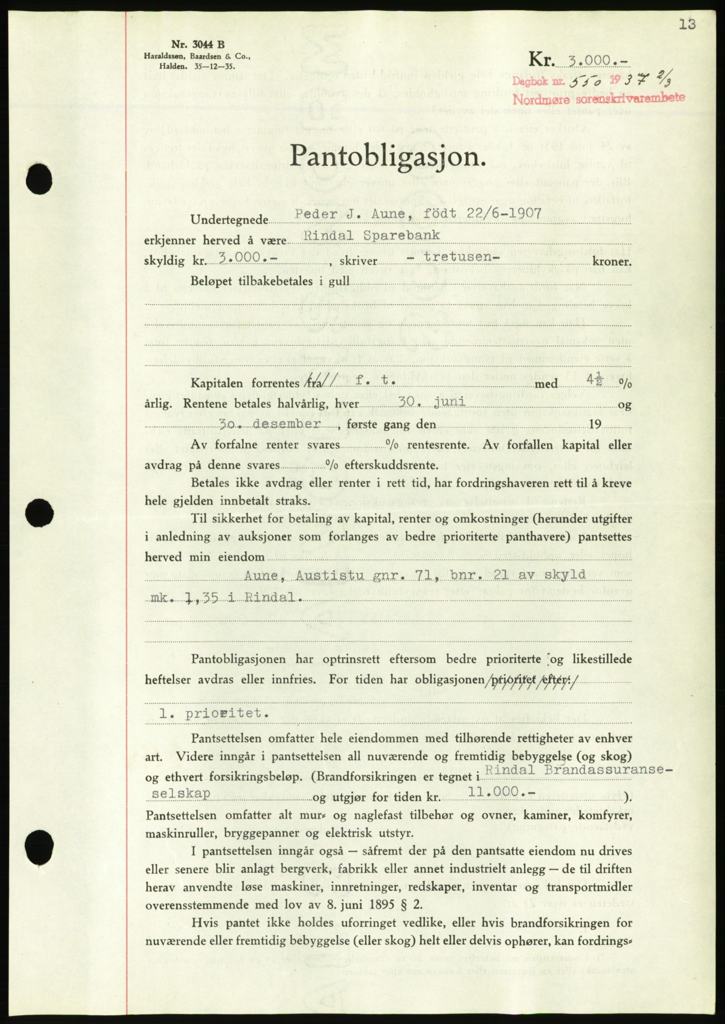 Nordmøre sorenskriveri, AV/SAT-A-4132/1/2/2Ca/L0091: Pantebok nr. B81, 1937-1937, Dagboknr: 550/1937