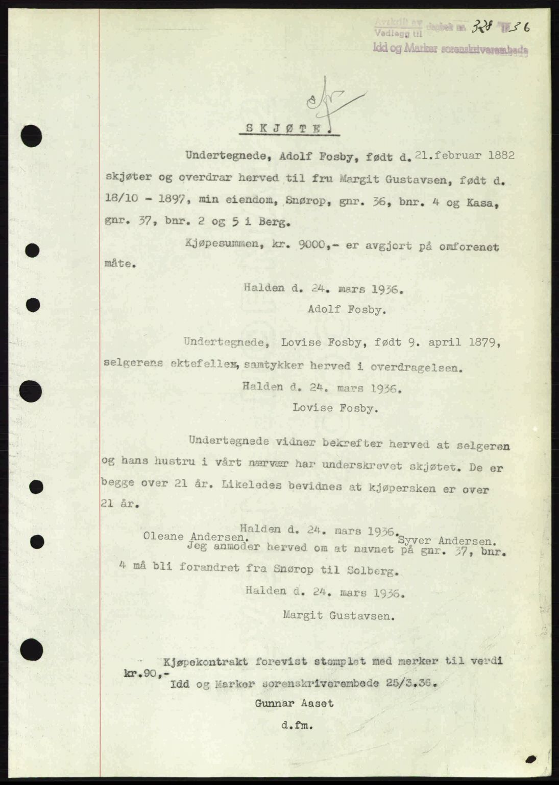Idd og Marker sorenskriveri, AV/SAO-A-10283/G/Gb/Gbb/L0001: Pantebok nr. A1, 1936-1937, Dagboknr: 328/1936