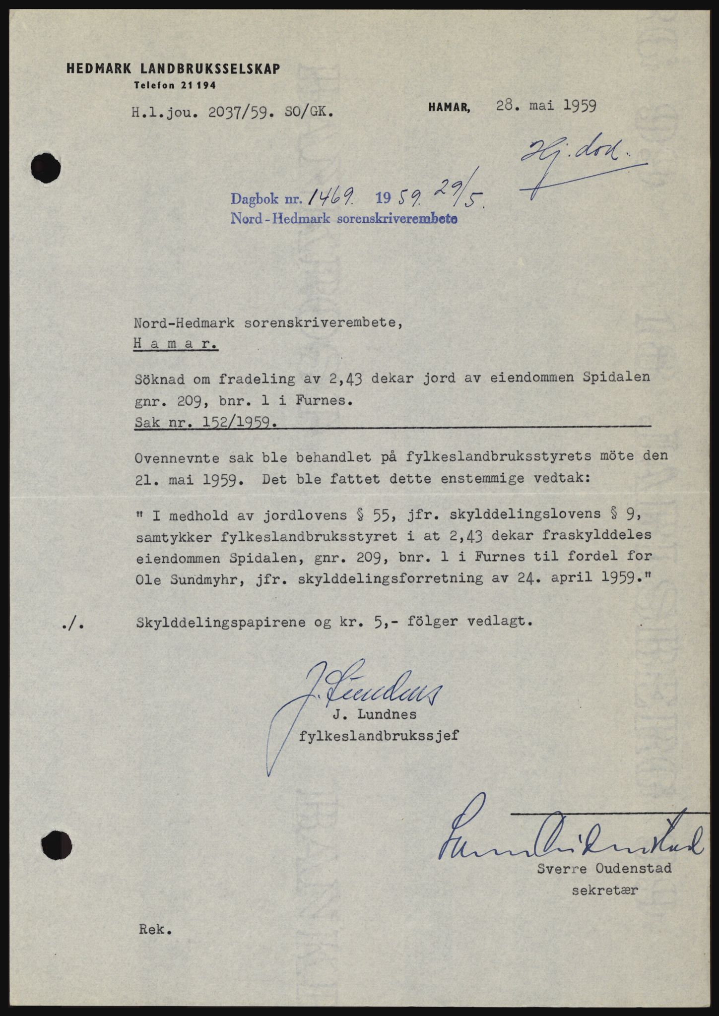 Nord-Hedmark sorenskriveri, SAH/TING-012/H/Hc/L0013: Pantebok nr. 13, 1959-1960, Dagboknr: 1469/1959