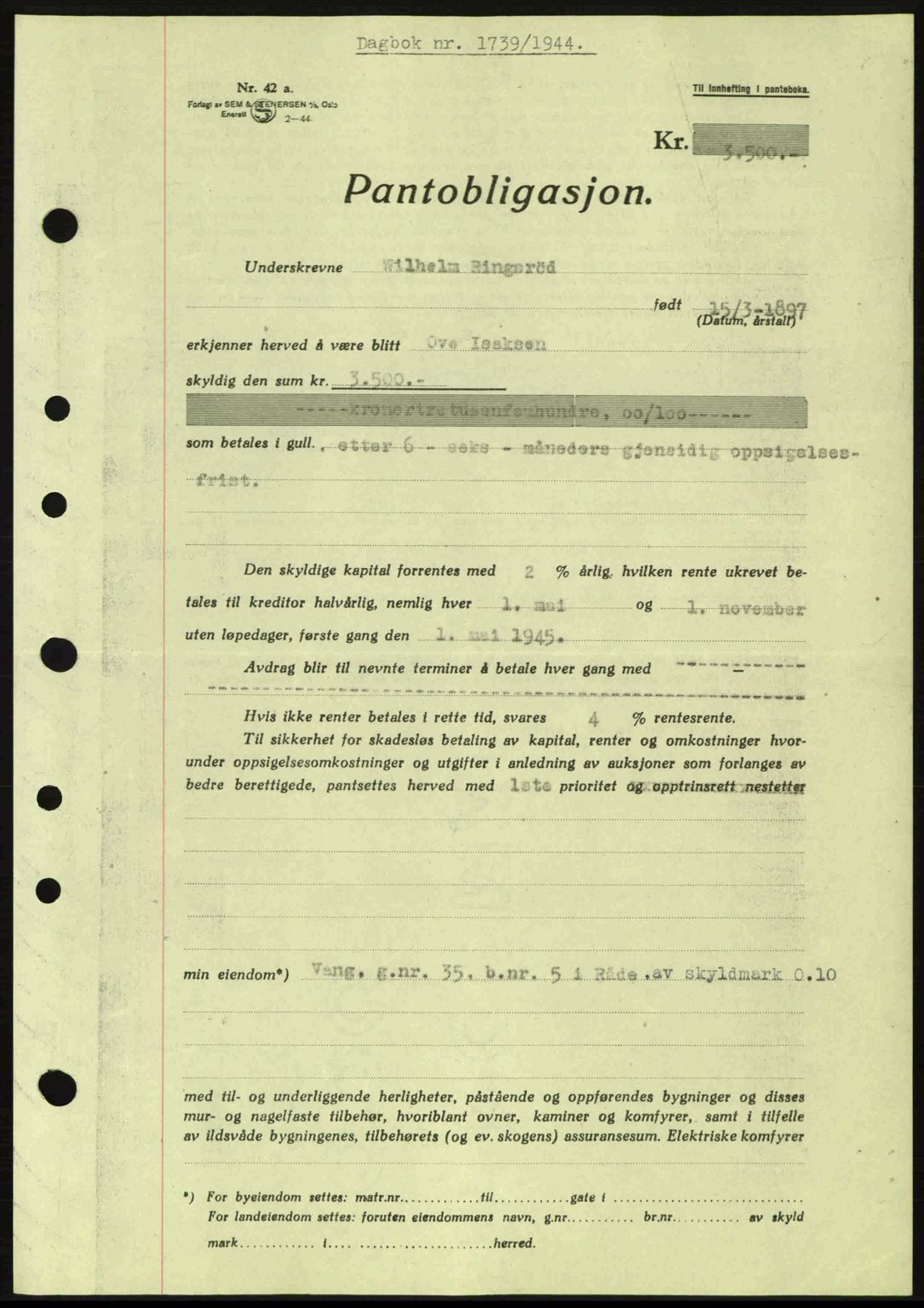 Moss sorenskriveri, SAO/A-10168: Pantebok nr. B13, 1943-1945, Dagboknr: 1739/1944