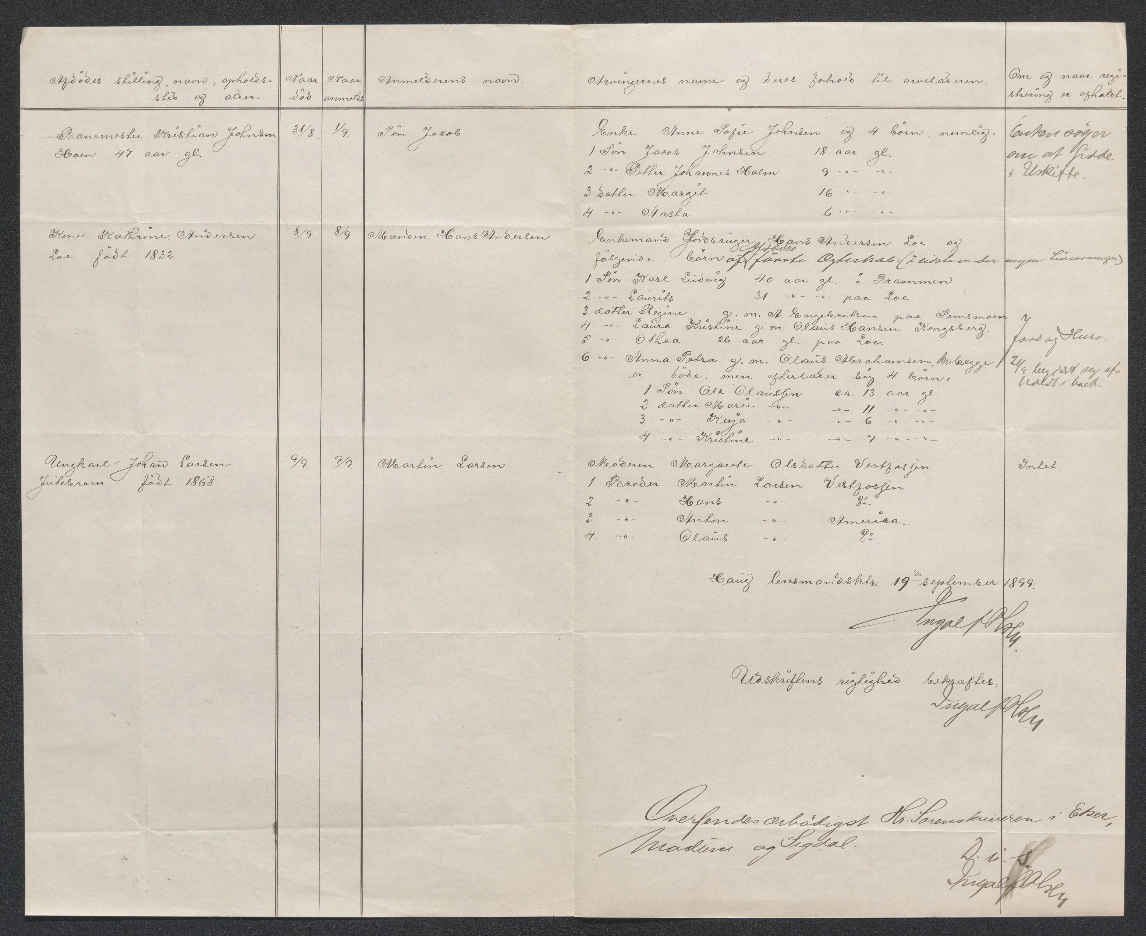 Eiker, Modum og Sigdal sorenskriveri, AV/SAKO-A-123/H/Ha/Hab/L0026: Dødsfallsmeldinger, 1899, s. 39