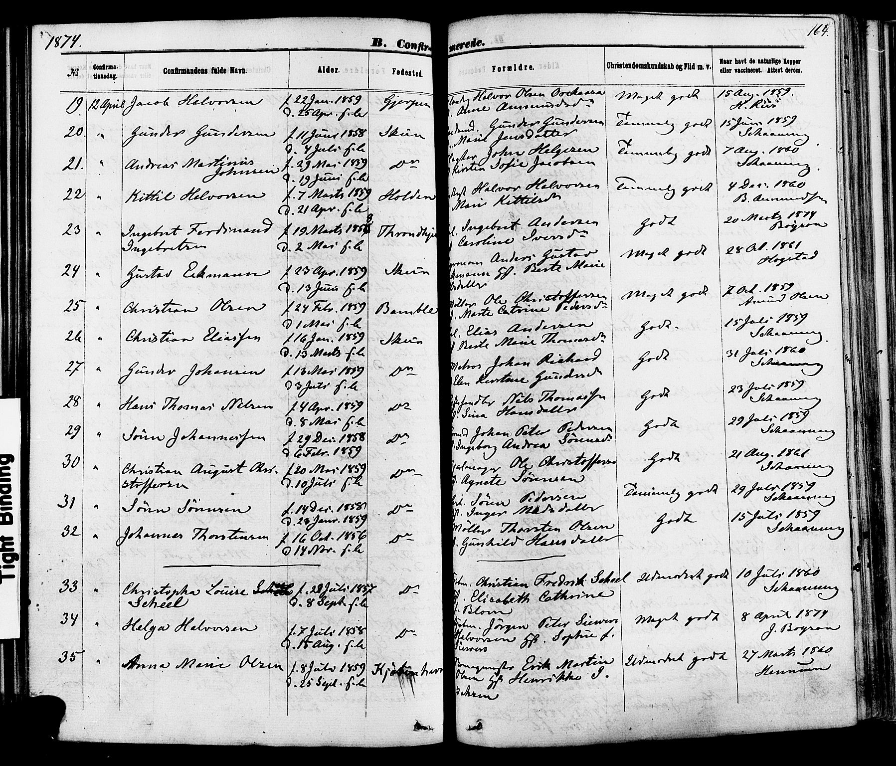 Skien kirkebøker, AV/SAKO-A-302/F/Fa/L0008: Ministerialbok nr. 8, 1866-1877, s. 164