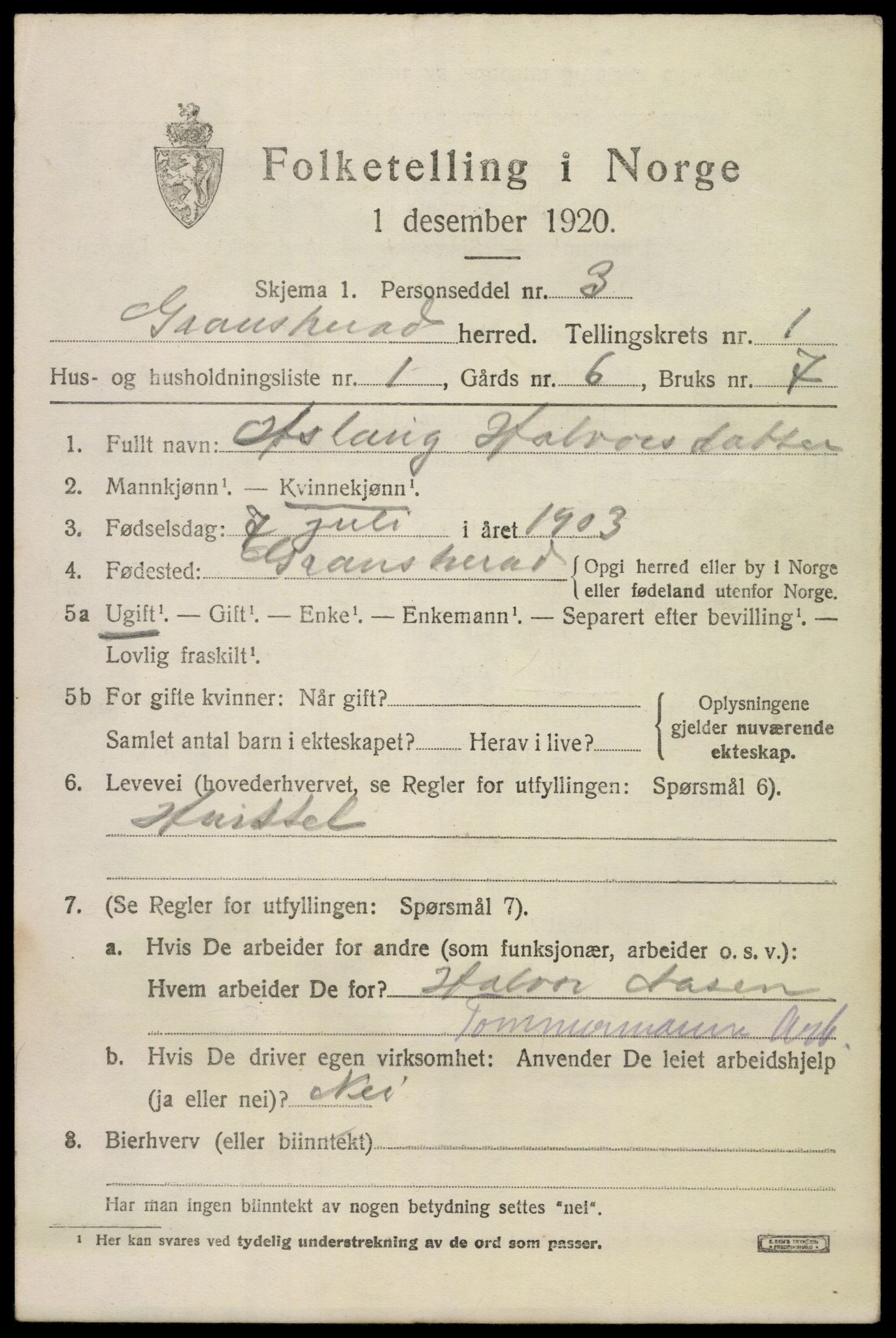 SAKO, Folketelling 1920 for 0824 Gransherad herred, 1920, s. 538