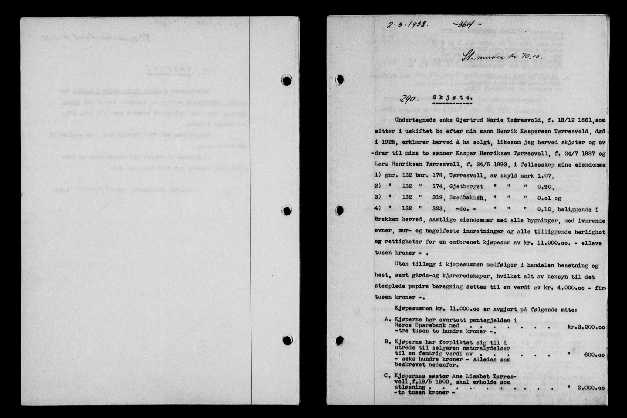 Gauldal sorenskriveri, SAT/A-0014/1/2/2C/L0048: Pantebok nr. 51-52, 1937-1938, s. 364, Dagboknr: 290/1938