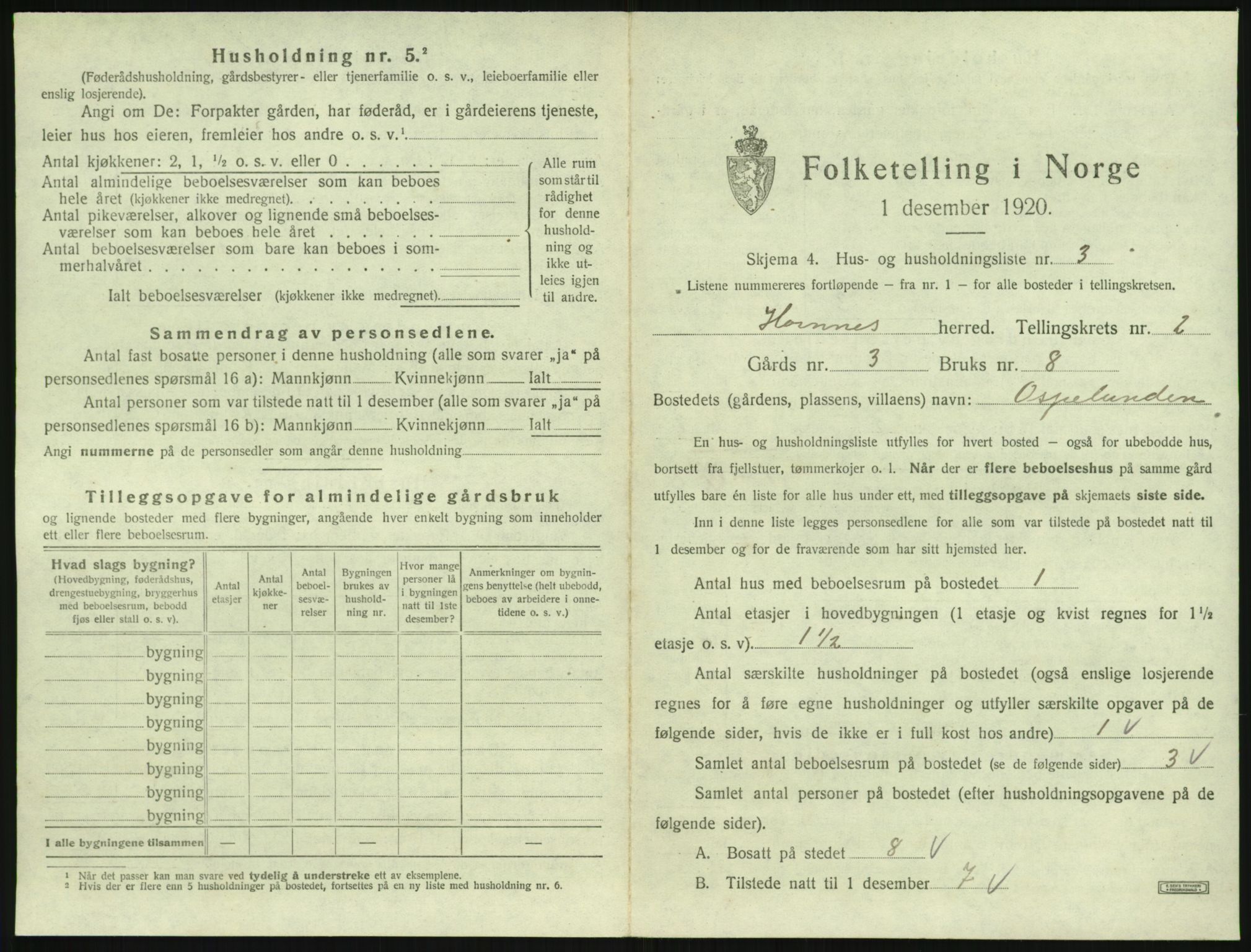 SAK, Folketelling 1920 for 0936 Hornnes herred, 1920, s. 95